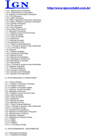 http://www.lgncontabil.com.br/
1.1.5.2 - Adiantamento p/ Despesas
1.1.5.3 - Adiantamento a Fornecedores
1.1.6. Impostos e Contribuições a Recuperar
1.1.6.1. IPI a Recuperar
1.1.6.2. ICMS a Recuperar
.1.6.3. IRRF s/ Aplicações Financeiras a Recuperar
1.1.6.4. IRRF s/ Receitas de Serviços a Recuperar
1.1.6.5. COFINS a Recuperar
1.1.6.6. PIS a Recuperar
1.1.6.7. ISS a Recuperar
1.1.6.8. Crédito Presumido IPI
1.1.7. Aplicações Financeiras
1.1.7.1. Depósito a Prazo Fixo Pós-Fixado
1.1.7.2. Letras de Câmbio
1.1.7.3. Títulos de Estatais
1.1.7.4. Debêntures
1.1.7.5. Mercado de Ações
1.1.7.6. Aplicação em Ouro
1.1.7.7. Títulos e Valores Mobiliários
1.1.7.8. (-) Provisão p/ Ajuste ao Valor de Mercado
1.1.7.9. (-) Provisão p/ Perdas
1.1.8. Estoques
1.1.8.1. Produtos Acabados
1.1.8.2. Produtos em Elaboração
1.1.8.3. Matérias-Primas
1.1.8.4. Materiais de Embalagem
1.1.8.5. Importação em Andamento
1.1.8.6. Mercadorias p/ Revenda
1.1.8.7. Almoxarifado
1.1.8.8. (-) Provisão p/ Ajuste ao Valor de Mercado
1.1.9. Despesas a Apropriar
1.1.9.1. Prêmios de Seguros
1.1.9.2. Encargos Financeiros
1.1.9.3. Assinaturas de Publicações
1.1.9.4. Aluguéis e Arrendamentos

1.2. ATIVO REALIZÁVEL A LONGO PRAZO

1.2.1. Títulos a Receber
1.2.1.1. Créditos c/ Acionistas e Quotistas
1.2.1.2. Créditos c/ Diretores
1.2.1.3. Créditos c/ Empresas Ligadas
1.2.1.4. Bancos - Contas Vinculadas
1.2.2. Aplicações Financeiras
1.2.2.1. Depósito a Prazo Fixo Pós-Fixado
1.2.2.2. Letras de Câmbio
1.2.2.3. Títulos de Estatais
1.2.2.4. Debêntures
1.2.2.5. Mercado de Ações
1.2.2.6. Aplicação em Ouro
1.2.2.7. Títulos e Valores Mobiliários
1.2.2.8. (-) Provisão p/ Ajuste ao Valor de Mercado
1.2.2.9. (-) Provisão p/ Perdas
1.2.3. Empréstimos Compulsórios
1.2.4. Impostos e Contribuições a Recuperar
1.2.5. Adiantamentos a Terceiros
1.2.6. Despesas a Apropriar
1.2.7. Depósitos por Incentivos Fiscais
1.2.7.1. FINOR
1.2.7.2. FINAM
1.2.7.3. FUNRES
1.2.7.4. (-) Provisão p/ Perdas

1.3. ATIVO PERMANENTE - INVESTIMENTOS

1.3.1. Participações Societárias
1.3.1.1. Empresas Controladas
 