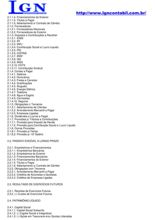 http://www.lgncontabil.com.br/
2.1.1.4. Financiamentos do Exterior
2.1.1.5. Títulos a Pagar
2.1.1.6. Adiantamento s/ Contrato de Câmbio
2.1.2. Fornecedores
2.1.2.1. Fornecedores Nacionais
2.1.2.2. Fornecedores do Exterior
2.1.3. Impostos e Contribuições a Recolher
2.1.3.1. ICMS
2.1.3.2. IPI
2.1.3.3. IRPJ
2.1.3.4. Contribuição Social s/ Lucro Líquido
2.1.3.5. PIS
2.1.3.6. COFINS
2.1.3.7. IRRF
2.1.3.8. ISS
2.1.3.9. INSS
2.1.3.10. FGTS
2.1.3.11. Contribuição Sindical
2.1.4. Contas a Pagar
2.1.4.1. Salários
2.1.4.2. Honorários
2.1.4.3. Fretes e Carretos
2.1.4.4. Gratificações
2.1.4.5. Aluguéis
2.1.4.6. Energia Elétrica
2.1.4.7. Telefone
2.1.4.8. Água e Esgoto
2.1.4.9. Comissões
2.1.4.10. Seguros
2.1.5. Obrigações c/ Terceiros
2.1.5.1. Adiantamento de Clientes
2.1.5.2. Arrendamento Mercantil a Pagar
2.1.5.3. Empresas Ligadas
2.1.6. Dividendos e Lucros a Pagar
2.1.7. Provisões p/ Tributos e Contribuições
2.1.7.1. Provisão para Imposto de Renda
2.1.7.2. Provisão para Contribuição Social s/ Lucro Líquido
2.1.8. Outras Provisões
2.1.8.1. Provisão p/ Férias
2.1.8.2. Provisão p/ 13º Salário

2.2. PASSIVO EXIGÍVEL A LONGO PRAZO

2.2.1. Empréstimos e Financiamentos
2.2.1.1. Empréstimos Bancários
2.2.1.2. Empréstimos do Exterior
2.2.1.3. Financiamentos Bancários
2.2.1.4. Financiamentos do Exterior
2.2.1.5. Títulos a Pagar
2.2.1.6. Adiantamento s/ Contrato de Câmbio
2.2.2. Obrigações com Terceiros
2.2.2.1. Arrendamento Mercantil a Pagar
2.2.2.2. Créditos de Acionistas e Quotistas
2.2.2.3. Créditos de Empresas Ligadas

2.3. RESULTADO DE EXERCÍCIOS FUTUROS

2.3.1. Receitas de Exercícios Futuros
2.3.2. (-) Custos de Exercícios Futuros

2.4. PATRIMÔNIO LÍQUIDO

2.4.1. Capital Social
2.4.1.1. Capital Social Subscrito
2.4.1.2. (-) Capital Social a Integralizar
2.4.1.3. (-) Ações em Tesouraria e/ou Quotas Liberadas
 