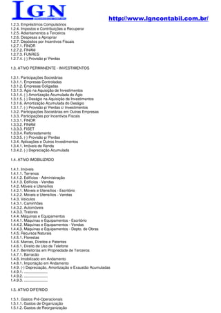http://www.lgncontabil.com.br/
1.2.3. Empréstimos Compulsórios
1.2.4. Impostos e Contribuições a Recuperar
1.2.5. Adiantamentos a Terceiros
1.2.6. Despesas a Apropriar
1.2.7. Depósitos por Incentivos Fiscais
1.2.7.1. FINOR
1.2.7.2. FINAM
1.2.7.3. FUNRES
1.2.7.4. (-) Provisão p/ Perdas

1.3. ATIVO PERMANENTE - INVESTIMENTOS

1.3.1. Participações Societárias
1.3.1.1. Empresas Controladas
1.3.1.2. Empresas Coligadas
1.3.1.3. Ágio na Aquisição de Investimentos
1.3.1.4. (-) Amortização Acumulada do Ágio
1.3.1.5. (-) Deságio na Aquisição de Investimentos
1.3.1.6. Amortização Acumulada do Deságio
1.3.1.7. (-) Provisão p/ Perdas c/ Investimentos
1.3.2. Participações Societárias em Outras Empresas
1.3.3. Participações por Incentivos Fiscais
1.3.3.1. FINOR
1.3.3.2. FINAM
1.3.3.3. FISET
1.3.3.4. Reflorestamento
1.3.3.5. (-) Provisão p/ Perdas
1.3.4. Aplicações e Outros Investimentos
1.3.4.1. Imóveis de Renda
1.3.4.2. (-) Depreciação Acumulada

1.4. ATIVO IMOBILIZADO

1.4.1. Imóveis
1.4.1.1. Terrenos
1.4.1.2. Edifícios - Administração
1.4.1.3. Edifícios - Vendas
1.4.2. Móveis e Utensílios
1.4.2.1. Móveis e Utensílios - Escritório
1.4.2.2. Móveis e Utensílios - Vendas
1.4.3. Veículos
1.4.3.1. Caminhões
1.4.3.2. Automóveis
1.4.3.3. Tratores
1.4.4. Máquinas e Equipamentos
1.4.4.1. Máquinas e Equipamentos - Escritório
1.4.4.2. Máquinas e Equipamentos - Vendas
1.4.4.3. Máquinas e Equipamentos - Depto. de Obras
1.4.5. Recursos Naturais
1.4.5.1. Florestas
1.4.6. Marcas, Direitos e Patentes
1.4.6.1. Direito de Uso de Telefone
1.4.7. Benfeitorias em Propriedade de Terceiros
1.4.7.1. Barracão
1.4.8. Imobilizado em Andamento
1.4.8.1. Importação em Andamento
1.4.9. (-) Depreciação, Amortização e Exaustão Acumuladas
1.4.9.1. .......................
1.4.9.2. .......................
1.4.9.3. .......................

1.5. ATIVO DIFERIDO

1.5.1. Gastos Pré-Operacionais
1.5.1.1. Gastos de Organização
1.5.1.2. Gastos de Reorganização
 