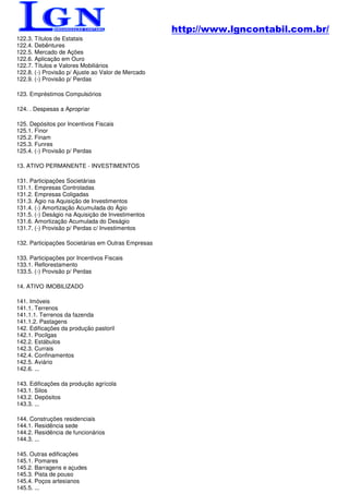 http://www.lgncontabil.com.br/
122.3. Títulos de Estatais
122.4. Debêntures
122.5. Mercado de Ações
122.6. Aplicação em Ouro
122.7. Títulos e Valores Mobiliários
122.8. (-) Provisão p/ Ajuste ao Valor de Mercado
122.9. (-) Provisão p/ Perdas

123. Empréstimos Compulsórios

124. . Despesas a Apropriar

125. Depósitos por Incentivos Fiscais
125.1. Finor
125.2. Finam
125.3. Funres
125.4. (-) Provisão p/ Perdas

13. ATIVO PERMANENTE - INVESTIMENTOS

131. Participações Societárias
131.1. Empresas Controladas
131.2. Empresas Coligadas
131.3. Ágio na Aquisição de Investimentos
131.4. (-) Amortização Acumulada do Ágio
131.5. (-) Deságio na Aquisição de Investimentos
131.6. Amortização Acumulada do Deságio
131.7. (-) Provisão p/ Perdas c/ Investimentos

132. Participações Societárias em Outras Empresas

133. Participações por Incentivos Fiscais
133.1. Reflorestamento
133.5. (-) Provisão p/ Perdas

14. ATIVO IMOBILIZADO

141. Imóveis
141.1. Terrenos
141.1.1. Terrenos da fazenda
141.1.2. Pastagens
142. Edificações da produção pastoril
142.1. Pocilgas
142.2. Estábulos
142.3. Currais
142.4. Confinamentos
142.5. Aviário
142.6. ...

143. Edificações da produção agrícola
143.1. Silos
143.2. Depósitos
143.3. ...

144. Construções residenciais
144.1. Residência sede
144.2. Residência de funcionários
144.3. ...

145. Outras edificações
145.1. Pomares
145.2. Barragens e açudes
145.3. Pista de pouso
145.4. Poços artesianos
145.5. ...
 