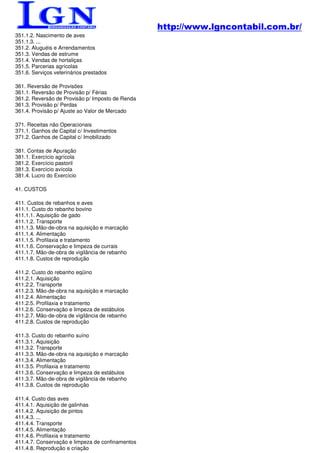 http://www.lgncontabil.com.br/
351.1.2. Nascimento de aves
351.1.3. ...
351.2. Aluguéis e Arrendamentos
351.3. Vendas de estrume
351.4. Vendas de hortaliças
351.5. Parcerias agrícolas
351.6. Serviços veterinários prestados

361. Reversão de Provisões
361.1. Reversão de Provisão p/ Férias
361.2. Reversão de Provisão p/ Imposto de Renda
361.3. Provisão p/ Perdas
361.4. Provisão p/ Ajuste ao Valor de Mercado

371. Receitas não Operacionais
371.1. Ganhos de Capital c/ Investimentos
371.2. Ganhos de Capital c/ Imobilizado

381. Contas de Apuração
381.1. Exercício agrícola
381.2. Exercício pastoril
381.3. Exercício avícola
381.4. Lucro do Exercício

41. CUSTOS

411. Custos de rebanhos e aves
411.1. Custo do rebanho bovino
411.1.1. Aquisição de gado
411.1.2. Transporte
411.1.3. Mão-de-obra na aquisição e marcação
411.1.4. Alimentação
411.1.5. Profilaxia e tratamento
411.1.6. Conservação e limpeza de currais
411.1.7. Mão-de-obra de vigilância de rebanho
411.1.8. Custos de reprodução

411.2. Custo do rebanho eqüino
411.2.1. Aquisição
411.2.2. Transporte
411.2.3. Mão-de-obra na aquisição e marcação
411.2.4. Alimentação
411.2.5. Profilaxia e tratamento
411.2.6. Conservação e limpeza de estábulos
411.2.7. Mão-de-obra de vigilância de rebanho
411.2.8. Custos de reprodução

411.3. Custo do rebanho suíno
411.3.1. Aquisição
411.3.2. Transporte
411.3.3. Mão-de-obra na aquisição e marcação
411.3.4. Alimentação
411.3.5. Profilaxia e tratamento
411.3.6. Conservação e limpeza de estábulos
411.3.7. Mão-de-obra de vigilância de rebanho
411.3.8. Custos de reprodução

411.4. Custo das aves
411.4.1. Aquisição de galinhas
411.4.2. Aquisição de pintos
411.4.3. ...
411.4.4. Transporte
411.4.5. Alimentação
411.4.6. Profilaxia e tratamento
411.4.7. Conservação e limpeza de confinamentos
411.4.8. Reprodução e criação
 