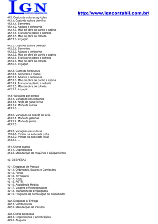 http://www.lgncontabil.com.br/
412. Custos de culturas agrícolas
412.1. Custo da cultura de milho
412.1.1. Sementes
412.1.2. Adubos e defensivos
412.1.3. Mão-de-obra de plantio e capina
412.1.4. Transporte plantio e colheita
412.1.5. Mão-de-obra de colheita
412.1.6. Irrigação

412.2. Custo da cultura de feijão
412.2.1. Sementes
412.2.2. Adubos e defensivos
412.2.3. Mão-de-obra de plantio e capina
412.2.4. Transporte plantio e colheita
412.2.5. Mão-de-obra de colheita
412.2.6. Irrigação

412.3. Custo da horticultura
412.3.1. Sementes e mudas
412.3.1. Adubos e defensivos
412.3.3. Mão-de-obra de plantio e capina
412.3.4. Transporte plantio e colheita
412.3.5. Mão-de-obra de colheita
412.3.6. Irrigação

413. Variações por perdas
413.1. Variações nos rebanhos
413.1.1. Norte de gado bovino
413.1.2. Morte de suínos
413.1.3. ...

413.2. Variações na criação de aves
413.2.1. Morte de galinhas
413.2.2. Morte de pintos
413.2.3. ...

413.3. Variações nas culturas
413.3.1. Perdas na cultura de milho
413.3.2. Perdas na cultura de feijão
413.3.3. ...

414. Outros custos
414.1. Depreciações
414.2. Manutenção de máquinas e equipamentos

42. DESPESAS

421. Despesas de Pessoal
421.1. Ordenados, Salários e Comissões
421.2. Férias
421.3. 13º Salário
421.4. INSS
421.5. FGTS
421.6. Assistência Médica
421.7. Viagens e Representações
421.8. Transporte de Empregados
421.9. Programa de Alimentação do Trabalhador

422. Despesas c/ Entrega
422.1. Combustíveis
422.2. Manutenção de Veículos

423. Outras Despesas
423.1. Depreciações e Amortizações
423.2. Aluguéis
 
