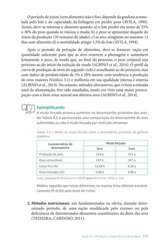 Seção 3.2 / Produção e manejo de aves de postura - 133
O período de jejum (sem alimento) não é fixo, depende da gordura acumu-
lada pelo lote e da capacidade da linhagem em perder peso (ÁVILA, 1994).
Assim, deve-se retornar o alimento quando: a) o lote perder em torno de 25%
a 30% do peso quando se iniciou a muda; b) o peso se aproximar daquele do
início da produção (20 semanas de idade); c) as aves atingirem no máximo 12
dias sem alimento; d) a mortalidade atingir 1,5% do lote (ÁVILA, 1994).
Após o período de privação de alimentos, deve-se fornecer ração em
quantidade suficiente para que as aves renovem a plumagem e aumentem
lentamente o peso, de modo que, ao final do processo, o peso corporal seja
próximo ao do início da indução da muda (ALBINO et al., 2014). O perfil da
curva de produção de ovos do segundo ciclo é semelhante ao do primeiro, mas
com índice de produtividade de 5% a 10% menor, com tendência à produção
de ovos maiores (Gráfico 3.1) e melhoria em sua qualidade interna e externa
(ALBINO et al., 2014). No entanto, métodos alternativos, que evitem a retirada
total da alimentação, têm sido estudados, tendo em vista uma maior preocu-
pação com o bem-estar animal nos últimos anos (ALBINO et al., 2014).
Exemplificando
A muda forçada provoca aumento no desempenho produtivo das aves.
Na Tabela 3.5 é apresentada uma comparação do desempenho de aves
submetidas ou não à muda forçada por restrição alimentar.
Tabela 3.5 | Efeitos da muda forçada sobre o desempenho produtivo de galinhas
poedeiras
Características de
desempenho
Muda forçada
Sem Com
Produção de ovos 214 b 255 a
Ovos comestíveis 192 b 247 a
Casca fina (%) 12,68 b 4,18 a
Ovos trincados (%) 9,48 b 3,98 a
Fonte: adaptada de Mazzuco et al. (2010) apud Albino et al. (2014, p. 228).
Médias seguidas por letras diferentes na mesma linha diferem estatisti-
camente (P0,05) pelo teste de Fisher.
2. Métodos nutricionais: são fundamentados na oferta, durante deter-
minado período, de uma ração modificada pelo excesso ou pela
deficiência de determinados elementos constituintes da dieta das aves
(TEIXEIRA; CARDOSO, 2011):
 