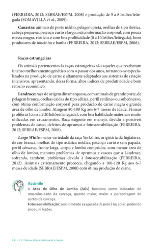 14 - U1 / Suinocultura: sistema de criação
(FERREIRA, 2012; SEBRAE/ESPM, 2008) e produção de 5 a 8 leitões/leite-
gada (SOMAVILLA et al., 2009).
Canastra: animais de porte médio, pelagem preta, orelhas do tipo ibérica,
cabeça pequena, pescoço curto e largo, má conformação corporal, com pouca
massa magra, rústicos e com boa prolificidade (8 a 10 leitões/leitegada), bons
produtores de toucinho e banha (FERREIRA, 2012; SEBRAE/ESPM, 2008).
Raças estrangeiras
Os animais pertencentes às raças estrangeiras são aqueles que receberam
intenso melhoramento genético com o passar dos anos, tornando-se especia-
lizados na produção de carne e altamente adaptados aos sistemas de criação
intensivos, apresentando, dessa forma, altos índices de produtividade e bom
retorno econômico.
Landrace:raça de origem dinamarquesa, com animais de grande porte, de
pelagem branca, orelhas caídas do tipo céltica, perfil retilíneo ou subcôncavo,
com ótima conformação corporal para produção de carne magra e grande
área de olho de lombo. Atingem 80-100 Kg aos 6-7 meses de idade. Fêmeas
prolíferas (com até 20 leitões/leitegada), com boa habilidade materna e muito
utilizadas em cruzamentos. Raça exigente em manejo, devido a possíveis
problemas de casco, defeitos de aprumos e fotossensibilização (FERREIRA,
2012; SEBRAE/ESPM, 2008).
Large White: maior variedade da raça Yorkshire, originária da Inglaterra,
de cor branca, orelhas do tipo asiática médias, pescoço curto e sem papada,
perfil côncavo, fronte larga, corpo e lombo compridos, com menor área de
olho de lombo, menores problemas de aprumos e cascos que a Landrace,
sofrendo, também, problemas devido à fotossensibilização (FERREIRA,
2012). Animais extremamente precoces, chegando a 100-120 Kg aos 6-7
meses de idade (SEBRAE/ESPM, 2008) com ótima produção de carne.
Assimile
A Área de Olho de Lombo (AOL) funciona como indicador de
musculosidade da carcaça, quanto maior, maior a porcentagem de
cortes da carcaça.
Fotossensibilização: sensibilidade exagerada da pele à luz solar, podendo
produzir lesões.
 