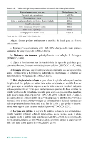 170-U4 / Avicultura de corte
Tabela 4.4 | Distâncias sugeridas para um melhor isolamento das instalações avícolas
Distâncias externas e internas Distância sugerida
Da granja até o abatedouro 5 a 10 Km
De uma granja à outra 3 Km
Entre os galpões aos limites periféricos da propriedade 200 m
Do galpão à estrada 500 m
Entre núcleos de diferentes idades 100 m
Entre recria e produção 300 m
Entre galpões de mesma idade 25 a 50 m
Fonte: Martins, (1995) apud Tinôco, (2004 p.60).
Alguns fatores podem influenciar a escolha do local para as futuras
instalações:
a) Clima: preferencialmente seco (UR 40% ), temperado e sem grandes
variações de temperatura (TINÔCO, 2004);
b) Natureza do terreno: principalmente em relação à drenagem
(TINÔCO, 2004);
c) Água: é fundamental ter disponibilidade de água de qualidade para
consumo das aves, limpeza e desinfecção dos galpões (TINÔCO et al., 2004);
d) Energia elétrica: importante para funcionamento dos equipamentos,
como comedouros e bebedouros automáticos, iluminação e sistemas de
aquecimento e refrigeração (TINÔCO, 2004).
2. Orientação das instalações: para clima tropical e subtropical, o eixo
longitudinal dos galpões avícolas deve estar localizado no sentido leste-o-
este, para que a superfície exposta a oeste seja a menor possível, evitando
sobreaquecimento no verão, pois nas horas mais quentes do dia a sombra vai
incidir embaixo da cobertura, fazendo com que a carga calorífica recebida
pelo aviário seja a menor possível (TINÔCO, 2004; ABREU, 2016). Galpões
posicionados no sentido norte-sul devem empregar o plantio de árvores nas
fachadas leste e oeste, para promoção de sombreamento natural e entrada de
sol nas primeiras horas da manhã e no fim da tarde, o que pode ser interes-
sante para regiões com inverno muito rigoroso (TINÔCO, 2004).
3. Largura do galpão: a largura do aviário influencia no acondiciona-
mento térmico interior, estando relacionada, dessa forma, com o clima
da região onde o galpão será construído (ABREU, 2016). É recomendado,
normalmente, largura de até 10m para clima quente e úmido e largura de 10
até 14 m para clima quente e seco (ABREU, 2016).
 