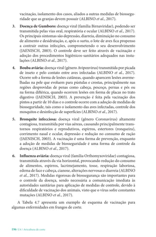 196-U4 / Avicultura de corte
vacinação, isolamento dos casos, aliados a outras medidas de biossegu-
ridade que as granjas devem possuir (ALBINO et al., 2017).
3. Doença de Gumboro: doença viral (família Birnaviridae), podendo ser
transmitida pelas vias oral, respiratória e ocular (ALBINO et al., 2017).
Os principais sintomas são depressão, diarreia, diminuição no consumo
de alimento e desidratação, e, após o surto, o lote de aves fica propenso
a contrair outras infecções, comprometendo o seu desenvolvimento
(JAENISCH, 2003). O controle deve ser feito através de vacinação e
adoção dos procedimentos higiênicos-sanitários adequados nas insta-
lações (ALBINO et al., 2017).
4. Bouba aviária: doença viral (gênero Avipoxvirus) transmitida por picada
de inseto e pelo contato entre aves infectadas (ALBINO et al., 2017).
Ocorre sob a forma de lesões cutâneas, quando aparecem lesões averme-
lhadas na pele que evoluem para pústulas e crostas, principalmente nas
regiões desprovidas de penas como cabeça, pescoço, pernas e pés ou
na forma diftérica, quando ocorrem lesões em forma de placas no trato
digestivo (JAENISCH, 2003). A prevenção é feita pela vacinação dos
pintos a partir de 10 dias e o controle ocorre com a adoção de medidas de
biosseguridade, tais como o isolamento das aves infectadas, controle dos
mosquitos e desinfecção de superfícies (ALBINO et al., 2017).
5. Bronquite infecciosa: doença viral (gênero Coronavirus) altamente
contagiosa, transmitida por vias aéreas, causando principalmente trans-
tornos respiratórios e reprodutivos, espirros, estertores (ronqueira),
corrimento nasal e ocular, depressão e redução no consumo de ração
(JAENISCH, 2003). A vacinação é uma forma de prevenção, enquanto
a adoção de medidas de biosseguridade é uma forma de controle da
doença (ALBINO et al., 2017).
6. Influenza aviária: doença viral (família Orthomyxoviridae) contagiosa,
transmitida através da via horizontal, provocando redução do consumo
de alimentos, espirros, lacrimejamento, tosse, respiração laboriosa,
edema de face e cabeça, cianose, alterações nervosas e diarreia (ALBINO
et al., 2017). Medidas rigorosas de biossegurança são importantes para
o controle da doença, sendo necessária a comunicação imediata às
autoridades sanitárias para aplicação de medidas de controle, devido à
dificuldade de vacinação dos animais, visto que o vírus sofre constantes
mutações (ALBINO et al., 2017).
A Tabela 4.7 apresenta um exemplo de esquema de vacinação para
algumas enfermidades em frangos de corte.
 