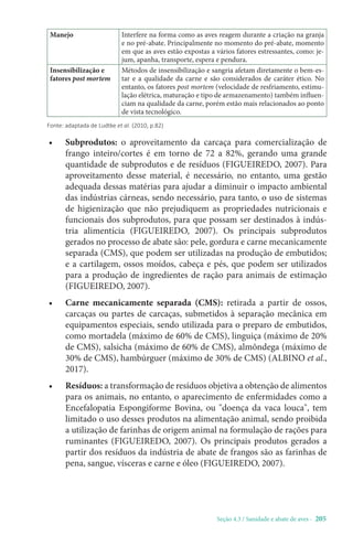 Seção 4.3 / Sanidade e abate de aves - 205
Manejo Interfere na forma como as aves reagem durante a criação na granja
e no pré-abate. Principalmente no momento do pré-abate, momento
em que as aves estão expostas a vários fatores estressantes, como: je-
jum, apanha, transporte, espera e pendura.
Insensibilização e
fatores post mortem
Métodos de insensibilização e sangria afetam diretamente o bem-es-
tar e a qualidade da carne e são considerados de caráter ético. No
entanto, os fatores post mortem (velocidade de resfriamento, estimu-
lação elétrica, maturação e tipo de armazenamento) também influen-
ciam na qualidade da carne, porém estão mais relacionados ao ponto
de vista tecnológico.
Fonte: adaptada de Ludtke et al. (2010, p.82)
• Subprodutos: o aproveitamento da carcaça para comercialização de
frango inteiro/cortes é em torno de 72 a 82%, gerando uma grande
quantidade de subprodutos e de resíduos (FIGUEIREDO, 2007). Para
aproveitamento desse material, é necessário, no entanto, uma gestão
adequada dessas matérias para ajudar a diminuir o impacto ambiental
das indústrias cárneas, sendo necessário, para tanto, o uso de sistemas
de higienização que não prejudiquem as propriedades nutricionais e
funcionais dos subprodutos, para que possam ser destinados à indús-
tria alimentícia (FIGUEIREDO, 2007). Os principais subprodutos
gerados no processo de abate são: pele, gordura e carne mecanicamente
separada (CMS), que podem ser utilizadas na produção de embutidos;
e a cartilagem, ossos moídos, cabeça e pés, que podem ser utilizados
para a produção de ingredientes de ração para animais de estimação
(FIGUEIREDO, 2007).
• Carne mecanicamente separada (CMS): retirada a partir de ossos,
carcaças ou partes de carcaças, submetidos à separação mecânica em
equipamentos especiais, sendo utilizada para o preparo de embutidos,
como mortadela (máximo de 60% de CMS), linguiça (máximo de 20%
de CMS), salsicha (máximo de 60% de CMS), almôndega (máximo de
30% de CMS), hambúrguer (máximo de 30% de CMS) (ALBINO et al.,
2017).
• Resíduos: a transformação de resíduos objetiva a obtenção de alimentos
para os animais, no entanto, o aparecimento de enfermidades como a
Encefalopatia Espongiforme Bovina, ou doença da vaca louca, tem
limitado o uso desses produtos na alimentação animal, sendo proibida
a utilização de farinhas de origem animal na formulação de rações para
ruminantes (FIGUEIREDO, 2007). Os principais produtos gerados a
partir dos resíduos da indústria de abate de frangos são as farinhas de
pena, sangue, vísceras e carne e óleo (FIGUEIREDO, 2007).
 