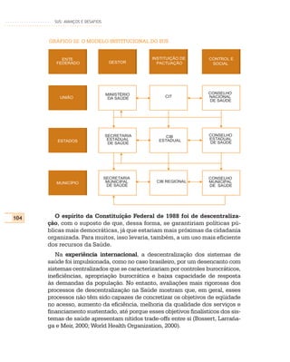 SUS: AVANÇOS E DESAFIOS



      GRÁFICO 22: O MODELO INSTITUCIONAL DO SUS


           ENTE                                INSTITUIÇÃO DE      CONTROL E
         FEDERADO                  GESTOR        PACTUAÇÃO          SOCIAL




                                  MINISTÉRIO                       CONSELHO
          UNIÃO                    DA SAÚDE         CIT            NACIONAL
                                                                    DE SAÚDE




                                  SECRETARIA        CIB            CONSELHO
                                   ESTADUAL      ESTADUAL          ESTADUAL
         ESTADOS                                                    DE SAÚDE
                                   DE SAÚDE




                                  SECRETARIA                       CONSELHO
         MUNICÍPIO                 MUNICIPAL    CIB REGIONAL       MUNICIPAL
                                   DE SAÚDE                        DE SAÚDE




104      O espírito da Constituição Federal de 1988 foi de descentraliza-
      ção, com o suposto de que, dessa forma, se garantiriam políticas pú-
      blicas mais democráticas, já que estariam mais próximas da cidadania
      organizada. Para muitos, isso levaria, também, a um uso mais eficiente
      dos recursos da Saúde.
         Na experiência internacional, a descentralização dos sistemas de
      saúde foi impulsionada, como no caso brasileiro, por um desencanto com
      sistemas centralizados que se caracterizariam por controles burocráticos,
      ineficiências, apropriação burocrática e baixa capacidade de resposta
      às demandas da população. No entanto, avaliações mais rigorosas dos
      processos de descentralização na Saúde mostram que, em geral, esses
      processos não têm sido capazes de concretizar os objetivos de eqüidade
      no acesso, aumento da eficiência, melhoria da qualidade dos serviços e
      financiamento sustentado, até porque esses objetivos finalísticos dos sis-
      temas de saúde apresentam nítidos trade-offs entre si (Bossert, Larraña-
      ga e Meir, 2000; World Health Organization, 2000).
 