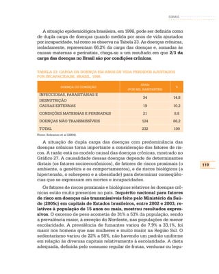 CONASS



   A situação epidemiológica brasileira, em 1998, pode ser definida como
de dupla carga de doenças quando medida por anos de vida ajustados
por incapacidade, tal como se observa na Tabela 23. As doenças crônicas,
isoladamente, representam 66,2% da carga das doenças e, somadas às
causas maternas e perinatais, chega-se a um resultado em que 2/3 da
carga das doenças no Brasil são por condições crônicas.

TABELA 23: CARGA DA DOENÇA EM ANOS DE VIDA PERDIDOS AJUSTADOS
POR INCAPACIDADE, BRASIL, 1998.

                                                    AVAIs
                DOENÇA OU CONDIÇÃO                                    %
                                            (POR MIL HABITANTES)
 INFECCIOSAS, PARASITÁRIAS E
                                                    34               14,8
 DESNUTRIÇÃO
 CAUSAS EXTERNAS                                    19               10,2
 CONDIÇÕES MATERNAS E PERINATAIS                    21                8,8
 DOENÇAS NÃO TRANSMISSÍVEIS                         124              66,2
 TOTAL                                              232              100
Fonte: Schramm et al (2004).

   A situação de dupla carga das doenças com predominância das
doenças crônicas torna importante a consideração dos fatores de ris-
cos. A razão está no modelo causal das doenças crônicas, mostrado no
Gráfico 27. A causalidade dessas doenças depende de determinantes
distais (os fatores socioeconômicos), de fatores de riscos proximais (o     119
ambiente, a genética e os comportamentos), e de riscos biológicos (a
hipertensão, o sobrepeso e a obesidade) para determinar conseqüên-
cias que se expressam em mortes e incapacidades.
   Os fatores de riscos proximais e biológicos relativos às doenças crô-
nicas estão muito presentes no país. Inquérito nacional para fatores
de risco em doenças não transmissíveis feito pelo Ministério da Saú-
de (2005c) em capitais de Estados brasileiros, entre 2002 e 2003, re-
lativos à população de 15 anos ou mais, mostrou resultados expres-
sivos. O excesso de peso acometia de 31% a 53% da população, sendo
a prevalência maior, à exceção do Nordeste, nas populações de menor
escolaridade. A prevalência de fumantes variou de 7,9% a 33,1%, foi
maior nos homens que nas mulheres e muito maior na Região Sul. O
sedentarismo variou de 22% a 58%, não havendo um padrão uniforme
em relação às diversas capitais relativamente à escolaridade. A dieta
adequada, definida pelo consumo regular de frutas, verduras ou legu-
 