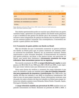 CONASS



TABELA 6: GASTOS ESTIMADOS EM SAÚDE, POR SEGMENTOS. BRASIL, 2005
 SEGMENTO DO SISTEMA DE SAÚDE                            GASTO ANUAL EM R$ BILHÕES             %

 SUS                                                                       68,8                 45,3
 SISTEMA DE SAÚDE SUPLEMENTAR                                              36,2                 23,8
 SISTEMA DE DESEMBOLSO DIRETO                                              46.8                 30,9
 TOTAL                                                                    151,8                 100,0
Fontes: Ministério da Fazenda: STN, In: Afonso (2006). Agência Nacional de Saúde Suplementar
(2006). World Health Organization (2006).


   Dos dados apresentados pode-se concluir que o Brasil tem um gasto
sanitário baixo, apresenta um gasto público em Saúde muito pequeno
e que a tendência dos gastos em Saúde não é de aumento. Com esse
volume e essa composição de gastos em Saúde não se poderá implan-
tar um sistema público universal. Em conseqüência, é necessário ex-
pandir o gasto público em Saúde.

2.3. O aumento do gasto público em Saúde no Brasil
   Não há dúvidas de que é necessário aumentar os gastos públicos
em Saúde no Brasil para que se possa construir um sistema públi-
co universal de qualidade. Todavia, há, no momento nacional, limites
importantes a essa situação desejada. O financiamento do aumento
dos gastos públicos, em geral, e dos gastos socais, em particular, no
Brasil, vem sendo feito mediante o incremento constante da carga                                        67
tributária. Esse mecanismo parece ter se esgotado.
   Em moeda constante de 2005, a carga tributária per capita no país
passou de R$ 2.042,16 em 1980 para R$ 4.160,26 em 2005, o que signi-
fica que esses valores mais que dobraram em uma geração.
   Uma outra forma de verificar o aumento da carga tributária é por
meio do trabalho e pode ser medida pelos dias de trabalho despendi-
dos para pagamento de impostos e contribuições. Em 1980 eram, em
média, 89 dias de trabalho e em 2005 os brasileiros trabalharam 142
dias no ano só para pagar impostos. Essas informações mostram uma
situação de maior número de dias de trabalho no Brasil para pagar tri-
butos em relação a países como Holanda, Reino Unido, Canadá, Japão,
Portugal e Estados Unidos.
  A carga tributária medida em percentual do PIB também teve um
grande crescimento no Brasil. Somente no período de 2000 a 2005, a
 