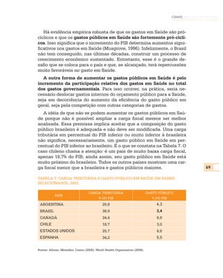 CONASS



   Há evidência empírica robusta de que os gastos em Saúde são pró-
cíclicos e que os gastos públicos em Saúde são fortemente pró-cícli-
cos. Isso significa que o incremento do PIB determina aumentos signi-
ficativos nos gastos em Saúde (Musgrove, 1996). Infelizmente, o Brasil
não tem conseguido, nas últimas décadas, construir um processo de
crescimento econômico sustentado. Entretanto, esse é o grande de-
safio que se coloca para o país e que, se alcançado, terá repercussões
muito favoráveis no gasto em Saúde.
   A outra forma de aumentar os gastos públicos em Saúde é pelo
incremento da participação relativa dos gastos em Saúde no total
dos gastos governamentais. Para isso ocorrer, na prática, seria ne-
cessário deslocar gastos internos do orçamento público para a Saúde,
seja em decorrência do aumento da eficiência do gasto público em
geral, seja pela competição com outras categorias de gastos.
   A idéia de que não se podem aumentar os gastos públicos em Saú-
de porque não é possível ampliar a carga fiscal merece ser melhor
analisada. Essa premissa implica aceitar que a composição do gasto
público brasileiro é adequada e não deve ser modificada. Uma carga
tributária em percentual do PIB inferior ou muito inferior à brasileira
não significa, necessariamente, um gasto público em Saúde em per-
centual do PIB inferior ao brasileiro. É o que se constata na Tabela 7. O
caso chileno chama a atenção: é um país de muito baixa carga fiscal,
apenas 18,7% do PIB; ainda assim, seu gasto público em Saúde está
muito próximo do brasileiro. Todos os outros países mostram uma car-
ga fiscal menor que a brasileira e gastos públicos maiores.                                        69

TABELA 7: CARGA TRIBUTÁRIA E GASTO PÚBLICO EM SAÚDE EM PAÍSES
SELECIONADOS, 2003.

                                    CARGA TRIBUTÁRIA                          GASTO PÚBLICO
            PAÍS
                                        % DO PIB                                 % DO PIB
 ARGENTINA                                   25,9                                  4,3
 BRASIL                                      38,9                                  3,4
 CANADÁ                                      34,4                                  6,9
 CHILE                                       18,7                                  3,0
 ESTADOS UNIDOS                              25,7                                  6,8
 ESPANHA                                     34,2                                  5,5


Fontes: Afonso, Meirelles, Castro (2006). World Health Organization (2006).
 