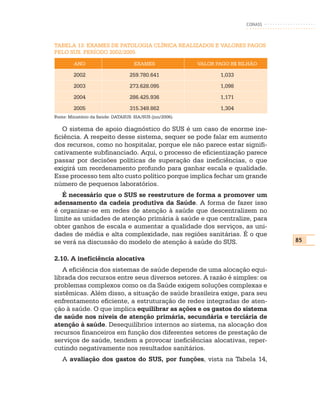 CONASS



TABELA 13: EXAMES DE PATOLOGIA CLÍNICA REALIZADOS E VALORES PAGOS
PELO SUS. PERÍODO 2002/2005

         ANO                         EXAMES                VALOR PAGO R$ BILHÃO

         2002                      259.780.641                    1,033
         2003                      273.628.095                    1,098
         2004                      286.425.936                    1,171
         2005                      315.349.862                    1,304
Fonte: Ministério da Saúde: DATASUS: SIA/SUS (jun/2006).

   O sistema de apoio diagnóstico do SUS é um caso de enorme ine-
ficiência. A respeito desse sistema, sequer se pode falar em aumento
dos recursos, como no hospitalar, porque ele não parece estar signifi-
cativamente subfinanciado. Aqui, o processo de eficientização parece
passar por decisões políticas de superação das ineficiências, o que
exigirá um reordenamento profundo para ganhar escala e qualidade.
Esse processo tem alto custo político porque implica fechar um grande
número de pequenos laboratórios.
   É necessário que o SUS se reestruture de forma a promover um
adensamento da cadeia produtiva da Saúde. A forma de fazer isso
é organizar-se em redes de atenção à saúde que descentralizem no
limite as unidades de atenção primária à saúde e que centralize, para
obter ganhos de escala e aumentar a qualidade dos serviços, as uni-
dades de média e alta complexidade, nas regiões sanitárias. É o que
se verá na discussão do modelo de atenção à saúde do SUS.                           85


2.10. A ineficiência alocativa
   A eficiência dos sistemas de saúde depende de uma alocação equi-
librada dos recursos entre seus diversos setores. A razão é simples: os
problemas complexos como os da Saúde exigem soluções complexas e
sistêmicas. Além disso, a situação de saúde brasileira exige, para seu
enfrentamento eficiente, a estruturação de redes integradas de aten-
ção à saúde. O que implica equilibrar as ações e os gastos do sistema
de saúde nos níveis de atenção primária, secundária e terciária de
atenção à saúde. Desequilíbrios internos ao sistema, na alocação dos
recursos financeiros em função dos diferentes setores de prestação de
serviços de saúde, tendem a provocar ineficiências alocativas, reper-
cutindo negativamente nos resultados sanitários.
   A avaliação dos gastos do SUS, por funções, vista na Tabela 14,
 
