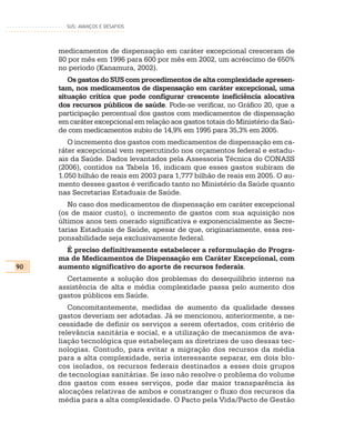SUS: AVANÇOS E DESAFIOS




     medicamentos de dispensação em caráter excepcional cresceram de
     80 por mês em 1996 para 600 por mês em 2002, um acréscimo de 650%
     no período (Kanamura, 2002).
        Os gastos do SUS com procedimentos de alta complexidade apresen-
     tam, nos medicamentos de dispensação em caráter excepcional, uma
     situação crítica que pode configurar crescente ineficiência alocativa
     dos recursos públicos de saúde. Pode-se verificar, no Gráfico 20, que a
     participação percentual dos gastos com medicamentos de dispensação
     em caráter excepcional em relação aos gastos totais do Ministério da Saú-
     de com medicamentos subiu de 14,9% em 1995 para 35,3% em 2005.
        O incremento dos gastos com medicamentos de dispensação em ca-
     ráter excepcional vem repercutindo nos orçamentos federal e estadu-
     ais da Saúde. Dados levantados pela Assessoria Técnica do CONASS
     (2006), contidos na Tabela 16, indicam que esses gastos subiram de
     1.050 bilhão de reais em 2003 para 1,777 bilhão de reais em 2005. O au-
     mento desses gastos é verificado tanto no Ministério da Saúde quanto
     nas Secretarias Estaduais de Saúde.
        No caso dos medicamentos de dispensação em caráter excepcional
     (os de maior custo), o incremento de gastos com sua aquisição nos
     últimos anos tem onerado significativa e exponencialmente as Secre-
     tarias Estaduais de Saúde, apesar de que, originariamente, essa res-
     ponsabilidade seja exclusivamente federal.
       É preciso definitivamente estabelecer a reformulação do Progra-
     ma de Medicamentos de Dispensação em Caráter Excepcional, com
90   aumento significativo do aporte de recursos federais.
       Certamente a solução dos problemas do desequilíbrio interno na
     assistência de alta e média complexidade passa pelo aumento dos
     gastos públicos em Saúde.
        Concomitantemente, medidas de aumento da qualidade desses
     gastos deveriam ser adotadas. Já se mencionou, anteriormente, a ne-
     cessidade de definir os serviços a serem ofertados, com critério de
     relevância sanitária e social, e a utilização de mecanismos de ava-
     liação tecnológica que estabeleçam as diretrizes de uso dessas tec-
     nologias. Contudo, para evitar a migração dos recursos da média
     para a alta complexidade, seria interessante separar, em dois blo-
     cos isolados, os recursos federais destinados a esses dois grupos
     de tecnologias sanitárias. Se isso não resolve o problema do volume
     dos gastos com esses serviços, pode dar maior transparência às
     alocações relativas de ambos e constranger o fluxo dos recursos da
     média para a alta complexidade. O Pacto pela Vida/Pacto de Gestão
 