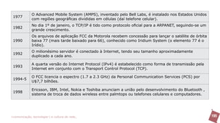 O Advanced Mobile System (AMPS), inventado pelo Bell Labs, é instalado nos Estados Unidos
 1977
              com regiões geográficas divididas em células (daí telefone celular).
              No dia 1º de janeiro, o TCP/IP é tido como protocolo oficial para a ARPANET, seguindo-se um
 1982
              grande crescimento.
              Os arquivos de aplicação FCC da Motorola recebem concessão para lançar o satélite de órbita
 1990         baixa 77 (mais tarde baixado para 66), conhecido como Iridium System (o elemento 77 é o
              Irídio).
              O milionésimo servidor é conectado à Internet, tendo seu tamanho aproximadamente
 1992
              duplicado a cada ano.

              A quarta versão do Internet Protocol (IPv4) é estabelecido como forma de transmissão pela
 1993
              Internet em conjunto com o Transport Control Protocol (TCP).

              O FCC licencia o espectro (1.7 a 2.3 GHz) da Personal Communication Services (PCS) por
 1994-5
              U$7,7 bilhões.

              Ericsson, IBM, Intel, Nokia e Toshiba anunciam a união pelo desenvolvimento do Bluetooth ,
 1998
              sistema de troca de dados wireless entre palmtops ou telefones celulares e computadores.




>comunicação, tecnologia: e cultura de rede_                                                               195
 