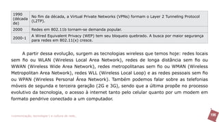1990
         No fim da década, a Virtual Private Networks (VPNs) formam o Layer 2 Tunneling Protocol
 (década
         (L2TP).
 de)
 2000         Redes em 802.11b tornam-se demanda popular.
              A Wired Equivalent Privacy (WEP) tem seu bloqueio quebrado. A busca por maior segurança
 2000-1
              para redes em 802.11(x) cresce.


     A partir dessa evolução, surgem as tecnologias wireless que temos hoje: redes locais
sem fio ou WLAN (Wireless Local Area Network), redes de longa distância sem fio ou
WWAN (Wireless Wide Area Network), redes metropolitanas sem fio ou WMAN (Wireless
Metropolitan Area Network), redes WLL (Wireless Local Loop) e as redes pessoais sem fio
ou WPAN (Wireless Personal Área Network). Também podemos falar sobre as telefonias
móveis de segunda e terceira geração (2G e 3G), sendo que a última propõe no processo
evolutivo da tecnologia, o acesso à internet tanto pelo celular quanto por um modem em
formato pendrive conectado a um computador.


>comunicação, tecnologia: e cultura de rede_                                                           196
 