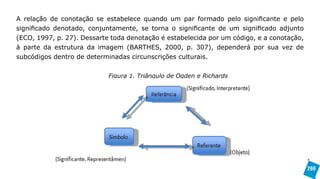A relação de conotação se estabelece quando um par formado pelo significante e pelo
significado denotado, conjuntamente, se torna o significante de um significado adjunto
(ECO, 1997, p. 27). Dessarte toda denotação é estabelecida por um código, e a conotação,
à parte da estrutura da imagem (BARTHES, 2000, p. 307), dependerá por sua vez de
subcódigos dentro de determinadas circunscrições culturais.


                            Figura 1. Triângulo de Ogden e Richards




                                                                                           269
 