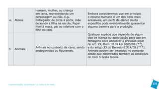 Homem, mulher, ou criança
                          em cena, representando um            Embora consideremos que em princípio
                          personagem ou não. E.g.              o recurso humano é um dos itens mais
 e. Atores                Entregador de pizza à porta, mãe     acessíveis, um perfil de elenco muito
                          deixando a filha na escola, Papai    específico pode eventualmente apresentar
                          Noel à mesa, pai ao telefone com o   alguma barreira para a produção.
                          filho no colo.
                                                               Qualquer espécie que dependa de algum
                                                               tipo de licença ou autorização para uso em
                                                               filmagens deve obedecer a previsão legal
                                                               do art. 29, Item III da Lei 9605/98 (**),
                          Animais no contexto da cena, sendo   e do artigo 33 do Decreto 6.514/08 (***).
 f.   Animais
                          protagonistas ou figurantes.         Animais podem ser inseridos no contexto
                                                               desde que observadas também as condições
                                                               do item b desta tabela.




>comunicação, tecnologia: e cultura de rede_                                                               278
 