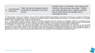 Quanto maior o montante, mais chances de
                          Todo montante necessário para a             constituir barreira para execução.* Melhor
      Investimento
 g.                       produção de quaisquer dos itens             que haja liberdade para o agente produtor
      financeiro
                          acima.                                      buscar alternativas de solução para a
                                                                      execução da cena.
(*) Obviamente, deve-se considerar caso a caso as especificidades de produção. Produção de mock-ups, trucagens mecânicas,
automatizações, explosões, saltos e rodopios de objetos devem preferencialmente constar no briefing técnico de produção
apenas como sugestão e não exigência de produção.
(**) “- quem vende, expõe à venda, exporta ou adquire, guarda, tem em cativeiro ou depósito, utiliza ou transporta ovos,
larvas ou espécimes da fauna silvestre, nativa ou em rota migratória, bem como produtos e objetos dela oriundos, provenientes
de criadouros não autorizados ou sem a devida permissão, licença ou autorização da autoridade competente”.
(***)“Explorar ou fazer uso comercial de imagem de animal silvestre mantido irregularmente em cativeiro ou em situação
de abuso ou maus-tratos: Multa de R$ 5.000,00 (cinco mil reais) a R$ 500.000,00 (quinhentos mil reais). Parágrafo Único: O
disposto no caput não se aplica ao uso de imagem para fins jornalísticos, informativos, acadêmicos, de pesquisas científicas e
educacionais. Fonte: <http://www.planalto.gov.br/ccivil_03/_Ato2007-2010/2008/Decreto/D6514.htm>




>comunicação, tecnologia: e cultura de rede_                                                                                    279
 