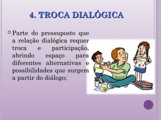 4. TROCA DIALÓGICA4. TROCA DIALÓGICA
 Parte do pressuposto queParte do pressuposto que
a relação dialógica requera relação dialógica requer
troca e participação,troca e participação,
abrindo espaço paraabrindo espaço para
diferentes alternativas ediferentes alternativas e
possibilidades que surgempossibilidades que surgem
a partir do diálogo;a partir do diálogo;
 