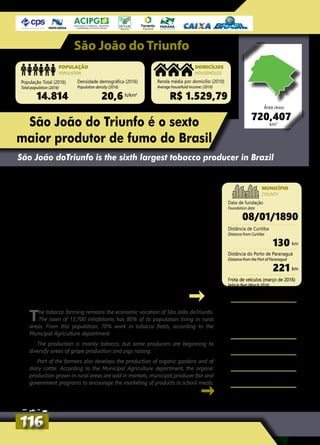 São João do Triunfo
População Total (2016)
Total population (2016)
Renda média por domicílio (2010)
Average household income: (2010)
Data de fundação
Foundation date
Distância do Porto de Paranaguá
Distance from the Port of Paranaguá
Distância de Curitiba
Distance from Curitiba
Frota de veículos (março de 2016)
Vehicle fleet (March 2016)
Densidade demográfica (2016)
Population density (2016)
R$ 1.529,79
08/01/1890
221
130
5.977
14.814 20,6
POPULAÇÃO
POPULATION
DOMICÍLIOS
HOUSEHOLDS
MUNICÍPIO
COUNTY
h/km2
km
km
720,407
Área (Area)
São João do Triunfo é o sexto
maior produtor de fumo do Brasil
São João doTriunfo is the sixth largest tobacco producer in Brazil
Afumicultura se mantém como a vocação econômica de São João
do Triunfo. O município de 13,7 mil habitantes tem 80% de sua
população vivendo na área rural. Dessa parcela, 70% trabalham em
lavouras de fumo, segundo a Secretaria Municipal de Agricultura.
A produção é essencialmente de tabaco, mas alguns produto-
res começam a diversificar as áreas com a produção de uva e a
criação de suínos.
Uma parcela dos agricultores também desenvolve a produção
de hortas orgânicas e a criação de gado de leite. Conforme a
Secretaria Municipal de Agricultura, os produtos orgânicos culti-
vados na área rural são vendidos nos mercados, na feira do pro-
dutor do município e nos programas governamentais de incentivo
à comercialização de produtos na merenda escolar.
The tobacco farming remains the economic vocation of São João doTriunfo.
The town of 13,700 inhabitants has 80% of its population living in rural
areas. From this population, 70% work in tobacco fields, according to the
Municipal Agriculture department.
The production is mainly tobacco, but some producers are beginning to
diversify areas of grape production and pigs raising.
Part of the farmers also develops the production of organic gardens and of
dairy cattle. According to the Municipal Agriculture department, the organic
production grown in rural areas are sold in markets, municipal producer fair and
government programs to encourage the marketing of products in school meals.
km2
116116
Clima: subtropical úmido mesotérmico
Climate: subtropical humid mesothermal
Gentílico: triunfense
Gentile: triunfense
Site oficial: www.sjtriunfo.pr.gov.br
Official website: www.sjtriunfo.pr.gov.br
Telefone: (42) 3447-1222
Phone: (42) 3447-1222
Valor Bruto de Produção
Agropecuária - VBPA (2015/Seab)
Agricultural Production Gross
value - VBP (2015 / Seab)
195.359.247,06R$
 
