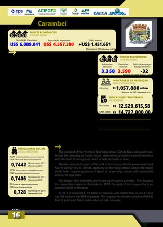 The president of the Historical Park Association, Dick de Geus, also points out,
besides the spreading of Dutch culture, other ethnic groupshave gained notoriety
with the Feast of immigrants, which is held annually in town.
“Another important aspect of the park is its concern with the environment and
how to convey this to visitors, especially to the many schools across the region
which have received guidance in terms of preserving nature with sustainable
actions,” he says Geus.
The History Park highlights the history of the town’s pioneers. They founded
the cooperative system in Carambeí in 1911. Currently, Frísia cooperative is an
economic force in the state.
In 2015, it acquired $ 1.9 billion in revenue, 22% higher than in 2014. Frísia
has 795 partners and 898 employees. The cooperative members produce 800 000
tons of grain and 166.2 million liters of milk annually.
Números em 2015 (Numbers in 2015)
Carambeí
INDICADORES SOCIAIS
SOCIAL INDICATORS
O presidente da Associação Parque Histórico, Dick de
Geus, destaca também que, além da propagação da cul-
tura holandesa, as demais etnias ganharam notoriedade
com a Festa dos Imigrantes, realizada anualmente.
“Outro aspecto importante do parque é a sua preocu-
pação com o meio ambiente e como transmitir isto para
os visitantes, principalmente, para as muitas escolas de
toda a região que recebem orientações dos condutores,
entre elas, preservar a natureza com ações sustentáveis”,
afirma Geus.
O Parque Histórico evidencia a história dos pioneiros
do município. Eles fundaram o sistema cooperativista em
Carambeí em 1911. Atualmente, a cooperativa Frísia é
uma potência no estado.
Em 2015, ela faturou R$ 1,9 bilhão, cifra 22% superior à
de 2014. A Frísia conta com 795 sócios e 898 colaborado-
res. Os cooperados produzem 800 mil toneladas de grãos
e 166,2 milhões de litros de leite, anualmente.
Números em 2015 (Numbers in 2015)
Exportação (Exportation) Importação (Importation) Saldo (Balance)
US$ 6.009.041 US$ 4.557.390 +US$ 1.451.651
ÍNDICES ECONÔMICOS
ECONOMIC INDEXES
Admissões
Admissions
Demissões
Dismissals
Saldo de empregos
Employment Balance
3.358 3.590 -32
ÍNDICES ECONÔMICOS
ECONOMIC INDEXES
Números em 2013 (Numbers in 2013)
R$ milhões1.057.880PIB (GDP)
INDICADORES DE PRODUÇÃO
PRODUCTION INDICATORS
IFDM (Índice Firjan de Desenvolvimento Municipal)
FMDI (FIRJAN Index of Municipal Development)
IPDM (Índice Ipardes de Desempenho Municipal)
PMDI (Ipardes Index Municipal Performance)
IDH (Índice de Desenvolvimento Humano)
HDI (Human Development Index)
0,7442
0,7406
0,728
Números em 2015
(Numbers in 2015)
Números em 2013
(Numbers in 2013)
Números em 2010
(Numbers in 2010)
R$ 12.529.615,58
R$ 14.727.000,00
R$ 45.057.740,00
R$ 24.213.144,00
Números em 2015 (Numbers in 2015)
FPM (FPM)
Arrecadação Previdenciária (Social Security collection)
Arrecadação Fazendária (Treasury collection)
ICMS (ICMS)
INDICADORES TRIBUTÁRIOS
TAX INDICATORS
1616
 