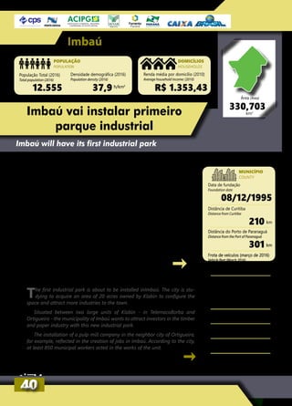 Imbaú
População Total (2016)
Total population (2016)
Renda média por domicílio (2010)
Average household income: (2010)
Data de fundação
Foundation date
Distância do Porto de Paranaguá
Distance from the Port of Paranaguá
Distância de Curitiba
Distance from Curitiba
Frota de veículos (março de 2016)
Vehicle fleet (March 2016)
Densidade demográfica (2016)
Population density (2016)
R$ 1.353,43
08/12/1995
301
210
5.106
12.555 37,9
POPULAÇÃO
POPULATION
DOMICÍLIOS
HOUSEHOLDS
MUNICÍPIO
COUNTY
h/km2
km
km
330,703
Área (Area)
Imbaú vai instalar primeiro
parque industrial
Imbaú will have its first industrial park
Oprimeiro parque industrial de Imbaú está prestes a ser insta-
lado. A prefeitura estuda adquirir uma área de 20 alqueires
pertencente à Klabin para configurar o espaço e atrair mais indús-
trias para o município.
Situado entre duas grandes unidades da Klabin - em Telêmaco
Borba e em Ortigueira - o município de Imbaú deseja atrair inves-
tidores do ramo madeireiro e papeleiro com o novo parque.
A instalação da fábrica de celulose na vizinha Ortigueira, por
exemplo, repercutiu na geração de empregos em Imbaú. De acor-
do com a prefeitura, pelo menos 850 trabalhadores do município
atuaram nas obras da unidade.
The first industrial park is about to be installed inImbaú. The city is stu-
dying to acquire an area of 20 acres owned by Klabin to configure the
space and attract more industries to the town.
Situated between two large units of Klabin - in TelemacoBorba and
Ortigueira - the municipality of Imbaú wants to attract investors in the timber
and paper industry with this new industrial park.
The installation of a pulp mill company in the neighbor city of Ortigueira,
for example, reflected in the creation of jobs in Imbaú. According to the city,
at least 850 municipal workers acted in the works of the unit.
km2
4040
Clima: subtropical úmido mesotérmico
Climate: subtropical humid mesothermal
Gentílico: imbauense
Gentile: imbauense
Site oficial: www.imbau.pr.gov.br
Official website: www.imbau.pr.gov.br
Telefone: (42) 3278-8100
Phone: (42) 3278-8100
Valor Bruto de Produção
Agropecuária - VBPA (2015/Seab)
Agricultural Production Gross
value - VBP (2015 / Seab)
36.013.312,31R$
 