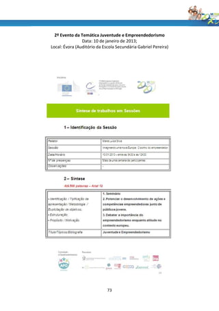 2º Evento da Temática Juventude e Empreendedorismo
                Data: 10 de janeiro de 2013;
Local: Évora (Auditório da Escola Secundária Gabriel Pereira)




                             73
 