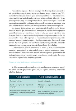 capítulo 5 • 100
Na sequência, segundo o disposto no artigo 479, do código de processo civil, o
juiz apreciará a prova pericial de acordo com o disposto no art. 371 do mesmo CPC,
indicando na sentença os motivos que o levaram a considerar ou a deixar de conside-
rar as conclusões do laudo, levando em conta o método utilizado pelo perito. Vê-se,
pelo disposto no artigo 479, a importância de um parecer técnico para a decisão do
magistrado, pois a opinião escrita pelo assistente pode apresentar ao magistrado uma
ótica diferente daquela explícita pelo perito juiz e alterar a decisão sobre a perícia.
Um parecer técnico começa com uma declaração formal do perito técnico
acerca do trabalho que foi desenvolvido. Na sequência, o perito assistente procede
a considerações sobre o trabalho do perito do juiz, sem nunca adjetivá-lo, mas
deixando claro tecnicamente suas convergências e divergências sobre o laudo, in-
clusive, se for o caso, sobre o porquê de o laudo não abordar pontos que o perito
assistente considera importantes para a elucidação da questão e formação da prova
pericial. Ao final, apresenta suas conclusões devidamente justificadas, anexando
todos os documentos que, por ventura, colheu ao longo dos trabalhos.
O parecer técnico pode ser apresentado na inicial, (a parte autoria apresenta
suas teses e argumentos), na contestação (a parte ré contesta aquelas teses e argu-
mentos) ou após a emissão do laudo pericial. Não sendo parecer após a emissão do
laudo pericial, o parecer técnico é sempre encaminhado aos advogados das partes
contratantes. Após o laudo, ao juiz do processo.
Diferenças entre perito do juiz e perito assistente
As diferenças apontadas na tabela, a seguir, cabalmente caracterizam o porquê
dos relatos de cada profissional (perito do juiz e perito assistente), elaborarem
relatórios distintos:
PERITO CONTADOR PERITO CONTADOR ASSISTENTE
Nomeado pelo juiz Indicado pelas partes
Sujeito às regras de impedimento e
suspeição
Não sujeito às regras de impedimento e
suspeição
Não obrigado a confabular com o perito
assistente se não houver acordo entre as
partes.
Pode haver trabalho em conjunto, se hou-
ver acordo entre as partes.
 