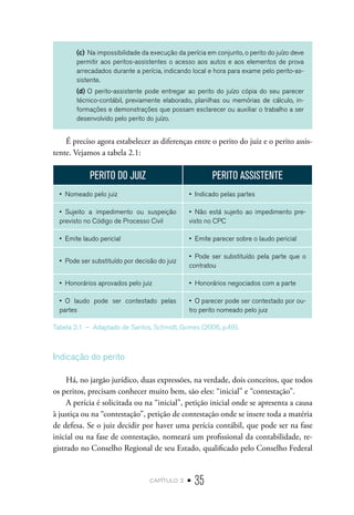 capítulo 2 • 35
(c)	Na impossibilidade da execução da perícia em conjunto, o perito do juízo deve
permitir aos peritos-assistentes o acesso aos autos e aos elementos de prova
arrecadados durante a perícia, indicando local e hora para exame pelo perito-as-
sistente.
(d)	O perito-assistente pode entregar ao perito do juízo cópia do seu parecer
técnico-contábil, previamente elaborado, planilhas ou memórias de cálculo, in-
formações e demonstrações que possam esclarecer ou auxiliar o trabalho a ser
desenvolvido pelo perito do juízo.
É preciso agora estabelecer as diferenças entre o perito do juiz e o perito assis-
tente. Vejamos a tabela 2.1:
PERITO DO JUIZ PERITO ASSISTENTE
•  Nomeado pelo juiz •  Indicado pelas partes
•  Sujeito a impedimento ou suspeição
previsto no Código de Processo Civil
•  Não está sujeito ao impedimento pre-
visto no CPC
•  Emite laudo pericial •  Emite parecer sobre o laudo pericial
•  Pode ser substituído por decisão do juiz
•  Pode ser substituído pela parte que o
contratou
•  Honorários aprovados pelo juiz •  Honorários negociados com a parte
•  O laudo pode ser contestado pelas
partes
•  O parecer pode ser contestado por ou-
tro perito nomeado pelo juiz
Tabela 2.1  –  Adaptado de Santos, Schmidt, Gomes (2006, p.49).
Indicação do perito
Há, no jargão jurídico, duas expressões, na verdade, dois conceitos, que todos
os peritos, precisam conhecer muito bem, são eles: “inicial” e “contestação”.
A perícia é solicitada ou na “inicial”, petição inicial onde se apresenta a causa
à justiça ou na “contestação”, petição de contestação onde se insere toda a matéria
de defesa. Se o juiz decidir por haver uma perícia contábil, que pode ser na fase
inicial ou na fase de contestação, nomeará um profissional da contabilidade, re-
gistrado no Conselho Regional de seu Estado, qualificado pelo Conselho Federal
 