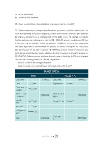 capítulo 4 • 89
d)	 Notas explicativas;
e)	 Ajustes a valor presente.
06.	 Quais são os métodos de avaliação de empresas em perícia contábil?
07.	 Determinada empresa, em processo falimentar, apresentou o balanço patrimonial, cha-
mado tecnicamente de “Balanço Especial”, adiante demonstrado, levantado pelo contador
da empresa. Considere que a empresa será extinta. Sabe-se que no balanço especial, há
direitos realizáveis de curto prazo no valor de R$ 10.000,00, a serem recebidos em 30 dias
e máquinas que, no mercado podem ser vendidas, liquido das depreciações, exatamente
pelo valor registrado na contabilidade. No passivo circulante, há exigíveis de curto prazo,
para serem pagos em 30 dias, no valor de R$ 15.000,00. O laudo pericial foi elaborado pelo
perito do juiz apresentando, inclusive o balanço de determinação. A empresa foi avaliada em
R$ 16.887,45. Sabendo-se que a taxa de desconto para os direitos é de 5% am e a taxa de
desconto para as obrigações é de 10% aa, pergunta-se:
Qual foi o método de avaliação utilizado?
Você concorda com o valor atribuído à empresa pelo perito do juiz?
BALANÇO ESPECIAL
ATIVO PASSIVO + PL
Circulante 11.000,00 Circulante 15.000,00
Caixa 1.000,00 Empréstimos 15.000,00
Duplicatas a
receber
10.000,00
Ativo não
circulante
20.000,00
Patrimônio
líquido
16.000,00
Imobili-
zado
20.000,00 Capital Social 16.000,00
Máquinas 21.000,00
(-) Deprecia-
ções
(1.000,00)
Total 31.000,00
Total PE +
PL
31.000,00
 