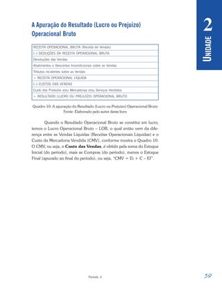 39
Período 3
U
NIDADE
2
A Apuração do Resultado (Lucro ou Prejuízo)
Operacional Bruto
Quadro 10: A apuração do Resultado (Lucro ou Prejuízo) Operacional Bruto
Fonte: Elaborado pelo autor deste livro
Quando o Resultado Operacional Bruto se constitui em lucro,
temos o Lucro Operacional Bruto – LOB, o qual então vem da dife-
rença entre as Vendas Líquidas (Receitas Operacionais Líquidas) e o
Custo da Mercadoria Vendida (CMV), conforme mostra o Quadro 10.
O CMV, ou seja, o Custo das Vendas, é obtido pela soma do Estoque
Inicial (do período), mais as Compras (do período), menos o Estoque
Final (apurado ao final do período), ou seja, “CMV = Ei + C – Ef”.
RECEITA OPERACIONAL BRUTA (Receita de Vendas)
(–) DEDUÇÕES DA RECEITA OPERACIONAL BRUTA
Devoluções das Vendas
Abatimentos e Descontos Incondicionais sobre as Vendas
Tributos incidentes sobre as Vendas
= RECEITA OPERACIONAL LÍQUIDA
(–) CUSTOS DAS VENDAS
Custo dos Produtos e/ou Mercadorias e/ou Serviços Vendidos
= RESULTADO (LUCRO OU PREJUÍZO) OPERACIONAL BRUTO
 