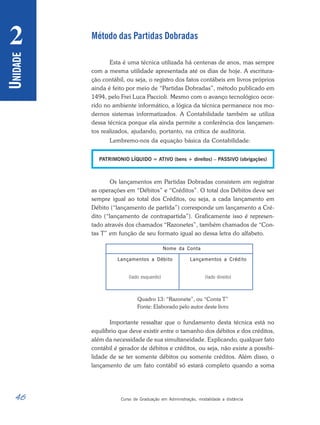 46 Curso de Graduação em Administração, modalidade a distância
U
NIDADE
2 Método das Partidas Dobradas
Esta é uma técnica utilizada há centenas de anos, mas sempre
com a mesma utilidade apresentada até os dias de hoje. A escritura-
ção contábil, ou seja, o registro dos fatos contábeis em livros próprios
ainda é feito por meio de “Partidas Dobradas”, método publicado em
1494, pelo Frei Luca Paccioli. Mesmo com o avanço tecnológico ocor-
rido no ambiente informático, a lógica da técnica permanece nos mo-
dernos sistemas informatizados. A Contabilidade também se utiliza
dessa técnica porque ela ainda permite a conferência dos lançamen-
tos realizados, ajudando, portanto, na crítica de auditoria.
Lembremo-nos da equação básica da Contabilidade:
Os lançamentos em Partidas Dobradas consistem em registrar
as operações em “Débitos” e “Créditos”. O total dos Débitos deve ser
sempre igual ao total dos Créditos, ou seja, a cada lançamento em
Débito (“lançamento de partida”) corresponde um lançamento a Cré-
dito (“lançamento de contrapartida”). Graficamente isso é represen-
tado através dos chamados “Razonetes”, também chamados de “Con-
tas T” em função de seu formato igual ao dessa letra do alfabeto.
Quadro 13: “Razonete”, ou “Conta T”
Fonte: Elaborado pelo autor deste livro
Importante ressaltar que o fundamento desta técnica está no
equilíbrio que deve existir entre o tamanho dos débitos e dos créditos,
além da necessidade de sua simultaneidade. Explicando, qualquer fato
contábil é gerador de débitos e créditos, ou seja, não existe a possibi-
lidade de se ter somente débitos ou somente créditos. Além disso, o
lançamento de um fato contábil só estará completo quando a soma
Nome da Conta
Lançamentos a Débito
(lado esquerdo)
Lançamentos a Crédito
(lado direito)
 