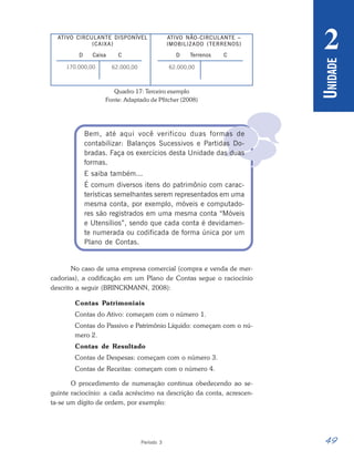 49
Período 3
U
NIDADE
2

Quadro 17: Terceiro exemplo
Fonte: Adaptado de Pfitcher (2008)
Bem, até aqui você verificou duas formas de
contabilizar: Balanços Sucessivos e Partidas Do-
bradas. Faça os exercícios desta Unidade das duas
formas.
E saiba também...
É comum diversos itens do patrimônio com carac-
terísticas semelhantes serem representados em uma
mesma conta, por exemplo, móveis e computado-
res são registrados em uma mesma conta “Móveis
e Utensílios”, sendo que cada conta é devidamen-
te numerada ou codificada de forma única por um
Plano de Contas.
No caso de uma empresa comercial (compra e venda de mer-
cadorias), a codificação em um Plano de Contas segue o raciocínio
descrito a seguir (BRINCKMANN, 2008):
Contas Patrimoniais
Contas do Ativo: começam com o número 1.
Contas do Passivo e Patrimônio Líquido: começam com o nú-
mero 2.
Contas de Resultado
Contas de Despesas: começam com o número 3.
Contas de Receitas: começam com o número 4.
O procedimento de numeração continua obedecendo ao se-
guinte raciocínio: a cada acréscimo na descrição da conta, acrescen-
ta-se um dígito de ordem, por exemplo:
ATIVO CIRCULANTE DISPONÍVEL
(CAIXA)
ATIVO NÃO-CIRCULANTE –
IMOBILIZADO (TERRENOS)
D Caixa C
170.000,00
D Terrenos C
62.000,00
62.000,00
 