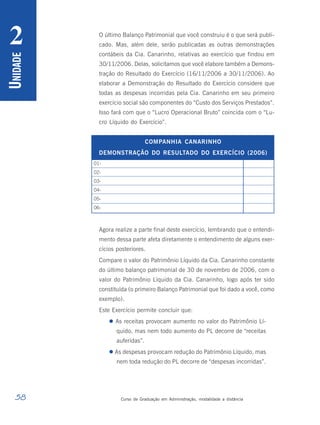 58 Curso de Graduação em Administração, modalidade a distância
U
NIDADE
2 O último Balanço Patrimonial que você construiu é o que será publi-
cado. Mas, além dele, serão publicadas as outras demonstrações
contábeis da Cia. Canarinho, relativas ao exercício que findou em
30/11/2006. Delas, solicitamos que você elabore também a Demons-
tração do Resultado do Exercício (16/11/2006 a 30/11/2006). Ao
elaborar a Demonstração do Resultado do Exercício considere que
todas as despesas incorridas pela Cia. Canarinho em seu primeiro
exercício social são componentes do “Custo dos Serviços Prestados”.
Isso fará com que o “Lucro Operacional Bruto” coincida com o “Lu-
cro Líquido do Exercício”.
Agora realize a parte final deste exercício, lembrando que o entendi-
mento dessa parte afeta diretamente o entendimento de alguns exer-
cícios posteriores.
Compare o valor do Patrimônio Líquido da Cia. Canarinho constante
do último balanço patrimonial de 30 de novembro de 2006, com o
valor do Patrimônio Líquido da Cia. Canarinho, logo após ter sido
constituída (o primeiro Balanço Patrimonial que foi dado a você, como
exemplo).
Este Exercício permite concluir que:
 As receitas provocam aumento no valor do Patrimônio Lí-
quido, mas nem todo aumento do PL decorre de “receitas
auferidas”.
 As despesas provocam redução do Patrimônio Líquido, mas
nem toda redução do PL decorre de “despesas incorridas”.
01-
02-
03-
04-
05-
06-
COMPANHIA CANARINHO
DEMONSTRAÇÃO DO RESULTADO DO EXERCÍCIO (2006)
 