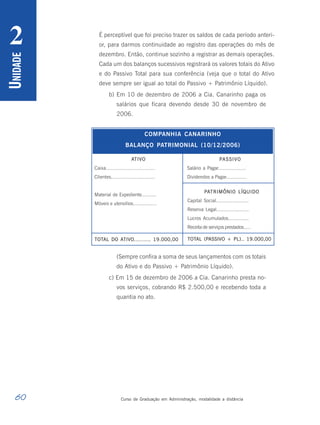60 Curso de Graduação em Administração, modalidade a distância
U
NIDADE
2 É perceptível que foi preciso trazer os saldos de cada período anteri-
or, para darmos continuidade ao registro das operações do mês de
dezembro. Então, continue sozinho a registrar as demais operações.
Cada um dos balanços sucessivos registrará os valores totais do Ativo
e do Passivo Total para sua conferência (veja que o total do Ativo
deve sempre ser igual ao total do Passivo + Patrimônio Líquido).
b) Em 10 de dezembro de 2006 a Cia. Canarinho paga os
salários que ficara devendo desde 30 de novembro de
2006.
ATIVO PASSIVO
Salário a Pagar................... 7.000,00
Dividendos a Pagar.............. 7.000,00
COMPANHIA CANARINHO
BALANÇO PATRIMONIAL (10/12/2006)
Caixa................................ 4.700,00
Clientes............................. 3.000,00
Material de Expediente.......... 1.300,00
Móveis e utensílios................ 3.000,00
TOTAL DO ATIVO.......... 19.000,00
PATRIMÔNIO LÍQUIDO
Capital Social...................... 7.000,00
Reserva Legal...................... 5.000,00
Lucros Acumulados.............. 5.000,00
Receita de serviços prestados..... 5.000,00
TOTAL (PASSIVO + PL).. 19.000,00
(Sempre confira a soma de seus lançamentos com os totais
do Ativo e do Passivo + Patrimônio Líquido).
c) Em 15 de dezembro de 2006 a Cia. Canarinho presta no-
vos serviços, cobrando R$ 2.500,00 e recebendo toda a
quantia no ato.
 
