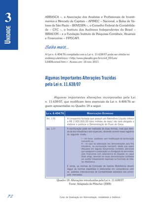 72 Curso de Graduação em Administração, modalidade a distância
U
NIDADE
3 ABRASCA –, a Associação dos Analistas e Profissionais de Investi-
mentos e Mercado de Capitais – APIMEC – Nacional, a Bolsa de Va-
lores de São Paulo – BOVESPA –, o Conselho Federal de Contabilida-
de – CFC –, o Instituto dos Auditores Independentes do Brasil –
IBRACON – e a Fundação Instituto de Pesquisas Contábeis, Atuariais
e Financeiras – FIPECAFI.
Saiba mais...
A Lei n. 6.404/76 compilada com a Lei n. 11.638/07 pode ser obtida no
endereço eletrônico <http://www.planalto.gov.br/ccivil_03/Leis/
L6404consol.htm>. Acesso em: 16 nov. 2011.
Algumas Importantes Alterações Trazidas
pela Lei n. 11.638/07
Algumas importantes alterações incorporadas pela Lei
n. 11.638/07, que modificam itens essenciais da Lei n. 6.404/76 se-
guem apresentadas no Quadro 18 a seguir.
MODIFICAÇÕES OCORRIDAS
A companhia fechada que possuir um Patrimônio Líquido inferior
a R$ 2.000.000,00 (dois milhões de reais) não será obrigada a
elaborar e publicar a Demonstração do Fluxo de Caixa.
A escrituração pode ser realizada de duas formas, mas que aten-
da às leis tributárias e leis especiais, devendo ocorrer esses registros
do seguinte modo:
I – em livros auxiliares, sem modificação da escrituração
mercantil; ou
II – no caso da elaboração das demonstrações para fins
tributários, na escrituração mercantil, desde que sejam
efetuados em seguida lançamentos contábeis adicionais
que assegurem a preparação e a divulgação de demonstra-
ções financeiras com observância do disposto no caput
deste artigo, devendo ser essas demonstrações auditadas
por auditor independente registrado na Comissão de Valo-
res Mobiliários.
E ainda, as normas da Comissão de Valores Mobiliários devem
seguir as normas expedidas e elaboradas em consonância com
os padrões internacionais de Contabilidade adotados nos princi-
pais mercados.
LEI N. 6.404/76
Art. 176
Art. 177
Quadro 18: Alterações introduzidas pela Lei n. 11.638/07
Fonte: Adaptado de Pfitscher (2008)
 