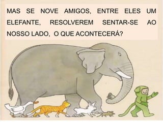 MAS SE NOVE AMIGOS, ENTRE ELES UM
ELEFANTE, RESOLVEREM SENTAR-SE AO
NOSSO LADO, O QUE ACONTECERÁ?
 