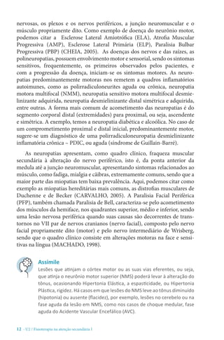 12 - U2 / Fisioterapia na atenção secundária I
nervosas, os plexos e os nervos periféricos, a junção neuromuscular e o
músculo propriamente dito. Como exemplo de doença do neurônio motor,
podemos citar a Esclerose Lateral Amiotrófica (ELA), Atrofia Muscular
Progressiva (AMP), Esclerose Lateral Primária (ELP), Paralisia Bulbar
Progressiva (PBP) (CHEIA, 2005). As doenças dos nervos e das raízes, as
polineuropatias, possuem envolvimento motor e sensorial, sendo os sintomas
sensitivos, frequentemente, os primeiros observados pelos pacientes, e
com a progressão da doença, iniciam-se os sintomas motores. As neuro-
patias predominantemente motoras nos remetem a quadros inflamatórios
autoimunes, como as polirradiculoneurites aguda ou crônica, neuropatia
motora multifocal (NMM), neuropatia sensitivo motora multifocal desmie-
linizante adquirida, neuropatia desmielinizante distal simétrica e adquirida,
entre outras. A forma mais comum de acometimento das neuropatias é do
segmento corporal distal (extremidades) para proximal, ou seja, ascendente
e simétrica. A exemplo, temos a neuropatia diabética e alcoólica. No caso de
um comprometimento proximal e distal inicial, predominantemente motor,
sugere-se um diagnóstico de uma polirradiculoneuropatia desmielinizante
inflamatória crônica – PDIC, ou aguda (síndrome de Guillain-Barré).
As neuropatias apresentam, como quadro clínico, fraqueza muscular
secundária à alteração do nervo periférico, isto é, da ponta anterior da
medula até a junção neuromuscular, apresentando sintomas relacionados ao
músculo, como fadiga, mialgia e cãibras, extremamente comuns, sendo que a
maior parte das miopatias tem baixa prevalência. Aqui, podemos citar como
exemplo as miopatias hereditárias mais comuns, as distrofias musculares de
Duchenne e de Becker (CARVALHO, 2005). A Paralisia Facial Periférica
(PFP), também chamada Paralisia de Bell, caracteriza-se pelo acometimento
dos músculos da hemiface, nos quadrantes superior, médio e inferior, sendo
uma lesão nervosa periférica quando suas causas são decorrentes de trans-
tornos no VII par de nervos cranianos (nervo facial), composto pelo nervo
facial propriamente dito (motor) e pelo nervo intermediário de Wrisberg,
sendo que o quadro clínico consiste em alterações motoras na face e sensi-
tivas na língua (MACHADO, 1998).
Assimile
Lesões que atinjam o córtex motor ou as suas vias eferentes, ou seja,
que atinja o neurônio motor superior (NMS) poderá levar à alteração do
tônus, ocasionando Hipertonia Elástica, a espasticidade, ou Hipertonia
Plástica, rigidez. Há casos em que lesões do NMS leve ao tônus diminuído
(hipotonia) ou ausente (flacidez), por exemplo, lesões no cerebelo ou na
fase aguda da lesão em NMS, como nos casos de choque medular, fase
aguda do Acidente Vascular Encefálico (AVC).
 