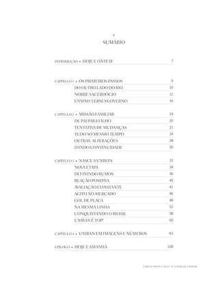 u
                                                                                 u   
                              SUMÁRiO


intROdUÇÃO        u   HOjE E OntEM                                 07




CApÍtULO 1    u   OS pRiMEiROS pASSOS                              09

              dO OUtRO LAdO dO RiO                                 10

              nOBRE SACERdóCiO                                     1

              EnSinO VERSUS GOVERnO                                16


CApÍtULO 2    u   MiSSÃO FAMiLiAR                                  19

              dE pAi pARA FiLHO                                    0

              tEntAtiVA dE MUdAnÇAS                                1

              tUdO AO MESMO tEMpO                                  

              OUtRAS ALtERAÇõES                                    8

              dAndO COntinUidAdE                                   0


CApÍtULO 3    u   nASCE A UniBAn                                   

              nOVA EtApA                                           

              dEFinindO RUMOS                                      6

              REAÇÃO pOSitiVA                                      0

              AVALiAÇÃO COnStAntE                                  1

              AGitO nO MERCAdO                                     6

              GOL dE pLACA                                         8

              nA MESMA LinHA                                       

              COnqUiStAndO O BRASiL                                8

              UniBAn É tOp!                                        60


CApÍtULO 4    u   UniBAn EM iMAGEnS E núMEROS                      6


EpÍLOGO   u   HOjE E AMAnHÃ                                   100




                                           FAMÍLiA pintO E SiLVA    u   O dOM dE EnSinAR
 