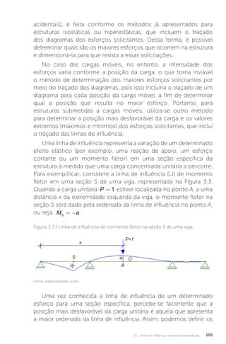 U3 - Linhas de influência: estruturas hiperestáticas 105
acidentais), é feita conforme os métodos já apresentados para
estruturas isostáticas ou hiperestáticas, que incluem o traçado
dos diagramas dos esforços solicitantes. Dessa forma, é possível
determinar quais são os maiores esforços que ocorrem na estrutura
e dimensioná-la para que resista a essas solicitações.
No caso das cargas móveis, no entanto, a intensidade dos
esforços varia conforme a posição da carga, o que torna inviável
o método de determinação dos maiores esforços solicitantes por
meio do traçado dos diagramas, pois isso incluiria o traçado de um
diagrama para cada posição da carga móvel, a fim de determinar
qual a posição que resulta no maior esforço. Portanto, para
estruturas submetidas a cargas móveis, utiliza-se outro método
para determinar a posição mais desfavorável da carga e os valores
extremos (máximos e mínimos) dos esforços solicitantes, que inclui
o traçado das linhas de influência.
Uma linha de influência representa a variação de um determinado
efeito elástico (por exemplo, uma reação de apoio, um esforço
cortante ou um momento fletor) em uma seção específica da
estrutura à medida que uma carga concentrada unitária a percorre.
Para exemplificar, considere a linha de influência (LI) de momento
fletor em uma seção S de uma viga, representada na Figura 3.3.
Quando a carga unitária P = 1 estiver localizada no ponto A, a uma
distância x da extremidade esquerda da viga, o momento fletor na
seção S será dado pela ordenada da linha de influência no ponto A,
ou seja, M a
S = − .
Fonte: elaborada pelo autor.
Figura 3.3 | Linha de influência de momento fletor na seção S de uma viga
Uma vez conhecida a linha de influência de um determinado
esforço para uma seção específica, percebe-se facilmente que a
posição mais desfavorável da carga unitária é aquela que apresenta
a maior ordenada da linha de influência. Assim, podemos definir os
 