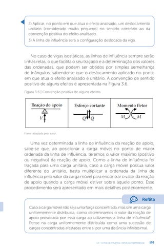 U3 - Linhas de influência: estruturas hiperestáticas 109
2) Aplicar, no ponto em que atua o efeito analisado, um deslocamento
unitário (considerado muito pequeno) no sentido contrário ao da
convenção positiva do efeito analisado.
3) A linha de influência será a configuração deslocada da viga.
No caso de vigas isostáticas, as linhas de influência sempre serão
linhas retas, o que facilita o seu traçado e a determinação dos valores
das ordenadas, que podem ser obtidos por simples semelhança
de triângulos, sabendo-se que o deslocamento aplicado no ponto
em que atua o efeito analisado é unitário. A convenção de sentido
positivo de alguns efeitos é apresentada na Figura 3.6.
Figura 3.6 | Convenção positiva de alguns efeitos
Fonte: adaptada pelo autor.
Uma vez determinada a linha de influência da reação de apoio,
sabe-se que, ao posicionar a carga móvel no ponto de maior
ordenada da linha de influência, teremos o valor máximo (positivo
ou negativo) da reação de apoio. Como a linha de influência foi
traçada para uma carga unitária, caso a carga móvel possua valor
diferente do unitário, basta multiplicar a ordenada da linha de
influência pelo valor da carga móvel para encontrar o valor da reação
de apoio quando a carga móvel estiver sobre aquele ponto. Esse
procedimento será apresentado em mais detalhes posteriormente.
Reflita
Caso a carga móvel não seja uma força concentrada, mas sim uma carga
uniformemente distribuída, como determinamos o valor da reação de
apoio provocada por essa carga ao utilizarmos a linha de influência?
Pense na carga uniformemente distribuída como uma sucessão de
cargas concentradas afastadas entre si por uma distância infinitesimal.
 