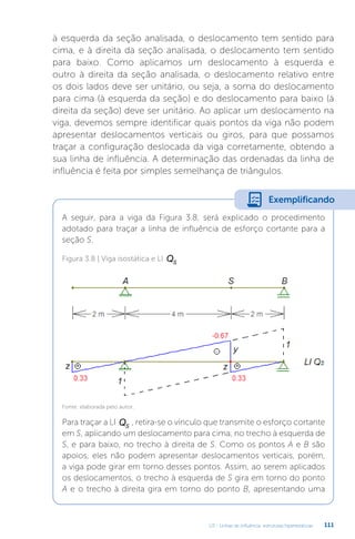 U3 - Linhas de influência: estruturas hiperestáticas 111
à esquerda da seção analisada, o deslocamento tem sentido para
cima, e à direita da seção analisada, o deslocamento tem sentido
para baixo. Como aplicamos um deslocamento à esquerda e
outro à direita da seção analisada, o deslocamento relativo entre
os dois lados deve ser unitário, ou seja, a soma do deslocamento
para cima (à esquerda da seção) e do deslocamento para baixo (à
direita da seção) deve ser unitário. Ao aplicar um deslocamento na
viga, devemos sempre identificar quais pontos da viga não podem
apresentar deslocamentos verticais ou giros, para que possamos
traçar a configuração deslocada da viga corretamente, obtendo a
sua linha de influência. A determinação das ordenadas da linha de
influência é feita por simples semelhança de triângulos.
A seguir, para a viga da Figura 3.8, será explicado o procedimento
adotado para traçar a linha de influência de esforço cortante para a
seção S.
Exemplificando
Figura 3.8 | Viga isostática e LI QS
Fonte: elaborada pelo autor.
Para traçar a LI QS
, retira-se o vínculo que transmite o esforço cortante
em S, aplicando um deslocamento para cima, no trecho à esquerda de
S, e para baixo, no trecho à direita de S. Como os pontos A e B são
apoios, eles não podem apresentar deslocamentos verticais, porém,
a viga pode girar em torno desses pontos. Assim, ao serem aplicados
os deslocamentos, o trecho à esquerda de S gira em torno do ponto
A e o trecho à direita gira em torno do ponto B, apresentando uma
 