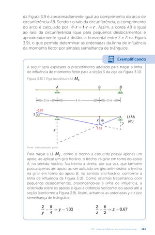 U3 - Linhas de influência: estruturas hiperestáticas 113
da Figura 3.9 é aproximadamente igual ao comprimento do arco de
circunferência AB. Sendo r o raio da circunferência, o comprimento
do arco é calculado por: q ⋅ = ⋅ =
r r r
1 . Assim, a corda AB é igual
ao raio da circunferência (que para pequenos deslocamentos é
aproximadamente igual à distância horizontal entre S e A na Figura
3.9), o que permite determinar as ordenadas da linha de influência
de momento fletor por simples semelhança de triângulos.
A seguir será explicado o procedimento adotado para traçar a linha
de influência de momento fletor para a seção S da viga da Figura 3.10.
Exemplificando
Figura 3.10 | Viga isostática e LI MS
Fonte: elaborada pelo autor.
Para traçar a LI MS , como o trecho à esquerda possui apenas um
apoio, ao aplicar um giro horário, o trecho irá girar em torno do apoio
A, no sentido horário. No trecho à direita, por sua vez, que também
possui apenas um apoio, ao ser aplicado um giro anti-horário, o trecho
irá girar em torno do apoio B, no sentido anti-horário, conforme a
linha de influência da Figura 3.10. Como estamos trabalhando com
pequenos deslocamentos, prolongando-se a linha de influência, a
ordenada sobre os apoios é igual à distância horizontal do apoio até a
seção (conforme a Figura 3.9). Assim, achamos as ordenadas y e z por
semelhança de triângulos:
2 6
4
133
2 6
2
0 67
y
y
z
z
= ⇒ = = ⇒ =
, ,
 