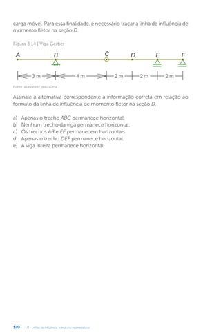 U3 - Linhas de influência: estruturas hiperestáticas
120
carga móvel. Para essa finalidade, é necessário traçar a linha de influência de
momento fletor na seção D.
Figura 3.14 | Viga Gerber
Assinale a alternativa correspondente à informação correta em relação ao
formato da linha de influência de momento fletor na seção D.
a)	 Apenas o trecho ABC permanece horizontal.
b)	 Nenhum trecho da viga permanece horizontal.
c)	 Os trechos AB e EF permanecem horizontais.
d)	 Apenas o trecho DEF permanece horizontal.
e)	 A viga inteira permanece horizontal.
Fonte: elaborada pelo autor.
 