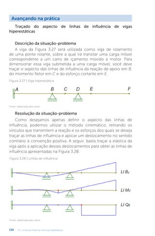 U3 - Linhas de influência: estruturas hiperestáticas
134
Avançando na prática
Traçado do aspecto de linhas de influência de vigas
hiperestáticas
Descrição da situação-problema
A viga da Figura 3.27 será utilizada como viga de rolamento
de uma ponte rolante, sobre a qual irá transitar uma carga móvel
correspondente a um carro de içamento movido a motor. Para
dimensionar essa viga submetida a uma carga móvel, você deve
traçar o aspecto das linhas de influência da reação de apoio em B,
do momento fletor em C e do esforço cortante em E.
Figura 3.27 | Viga hiperestática
Fonte: elaborada pelo autor.
Resolução da situação-problema
Como desejamos apenas definir o aspecto das linhas de
influência, podemos utilizar o método cinemático, retirando os
vínculos que transmitem a reação e os esforços dos quais se deseja
traçar as linhas de influência e aplicar um deslocamento no sentido
contrário à convenção positiva. A seguir, basta traçar a elástica da
viga após a aplicação desses deslocamentos para obter as linhas de
influência apresentadas na Figura 3.28.
Figura 3.28 | Linhas de influência
Fonte: elaborada pelo autor.
 