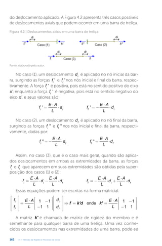 162 U4 – Método da Rigidez e Processo de Cross
do deslocamento aplicado. A Figura 4.2 apresenta três casos possíveis
de deslocamentos axiais que podem ocorrer em uma barra de treliça.
Figura 4.2 | Deslocamentos axiais em uma barra de treliça
Fonte: elaborada pelo autor.
No caso (1), um deslocamento di
é aplicado no nó inicial da bar-
ra, surgindo as forças f '
i
e f '
f
nos nós inicial e final da barra, respec-
tivamente. A força f '
i
é positiva, pois está no sentido positivo do eixo
x’, enquanto a força f '
f
é negativa, pois está no sentido negativo do
eixo x’, e seus valores são:
=
⋅
⋅ = −
⋅
⋅
f
E A
L
d f
E A
L
d
' '
i i f i
No caso (2), um deslocamento df
é aplicado no nó final da barra,
surgindo as forças f ''
i
e f ''
f
nos nós inicial e final da barra, respecti-
vamente, dadas por:
= −
⋅
⋅ =
⋅
⋅
f
E A
L
d f
E A
L
d
'' ''
i f f f
Assim, no caso (3), que é o caso mais geral, quando são aplica-
dos deslocamentos em ambas as extremidades da barra, as forças
fi
e ff
que aparecem em suas extremidades são obtidas pela super-
posição dos casos (1) e (2):
=
⋅
⋅ −
⋅
⋅ = −
⋅
⋅ +
⋅
⋅
f
E A
L
d
E A
L
d f
E A
L
d
E A
L
d
i i f f i f
Essas equações podem ser escritas na forma matricial:












=
⋅ −
−






















⇒ = =
⋅ −
−










f k'd k'
f
f
E A
L
d
d
E A
L
1 1
1 1
onde 1 1
1 1
i
f
i
f
A matriz k' é chamada de matriz de rigidez do membro e é
semelhante para qualquer barra de uma treliça. Uma vez conhe-
cidos os deslocamentos nas extremidades de uma barra, pode-se
 