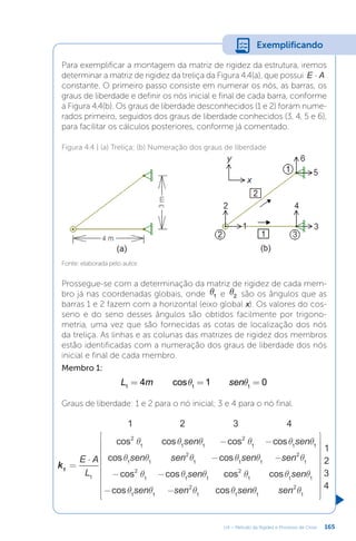 165
U4 – Método da Rigidez e Processo de Cross
Para exemplificar a montagem da matriz de rigidez da estrutura, iremos
determinar a matriz de rigidez da treliça da Figura 4.4(a), que possui ×
E A
constante. O primeiro passo consiste em numerar os nós, as barras, os
graus de liberdade e definir os nós inicial e final de cada barra, conforme
a Figura 4.4(b). Os graus de liberdade desconhecidos (1 e 2) foram nume-
rados primeiro, seguidos dos graus de liberdade conhecidos (3, 4, 5 e 6),
para facilitar os cálculos posteriores, conforme já comentado.
Figura 4.4 | (a) Treliça; (b) Numeração dos graus de liberdade
Fonte: elaborada pelo autor.
Prossegue-se com a determinação da matriz de rigidez de cada mem-
bro já nas coordenadas globais, onde q1 e q2 são os ângulos que as
barras 1 e 2 fazem com a horizontal (eixo global x). Os valores do cos-
seno e do seno desses ângulos são obtidos facilmente por trigono-
metria, uma vez que são fornecidas as cotas de localização dos nós
da treliça. As linhas e as colunas das matrizes de rigidez dos membros
estão identificadas com a numeração dos graus de liberdade dos nós
inicial e final de cada membro.
Membro 1:
q q
= = =
L m sen
4 cos 1 0
1 1 1
Graus de liberdade: 1 e 2 para o nó inicial; 3 e 4 para o nó final.
q q q q q q
q q q q q q
q q q q q q
q q q q q q
=
⋅
− −
− −
− −
− −






















k
E A
L
sen sen
sen sen sen sen
sen sen
sen sen sen sen
1 2 3 4
cos cos cos cos
cos cos
cos cos cos cos
cos cos
1
2
3
4
1
1
2
1 1 1
2
1 1 1
1 1
2
1 1 1
2
1
2
1 1 1
2
1 1 1
1 1
2
1 1 1
2
1
Exemplificando
 
