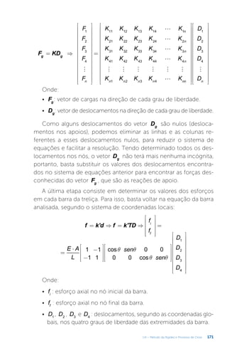 171
U4 – Método da Rigidez e Processo de Cross





     


= ⇒






























=




























































F KD
F
F
F
F
F
K K K K K
K K K K K
K K K K K
K K K K K
K K K K K
D
D
D
D
D
g g
n
n
n
n
n
n n n n nn n
1
2
3
4
11 12 13 14 1
21 22 23 24 2
31 32 33 34 3
41 42 43 44 4
1 2 3 4
1
2
3
4
Onde:
•	 	Fg
: vetor de cargas na direção de cada grau de liberdade.
•	 	Dg
: vetor de deslocamentos na direção de cada grau de liberdade.
Como alguns deslocamentos do vetor Dg
são nulos (desloca-
mentos nos apoios), podemos eliminar as linhas e as colunas re-
ferentes a esses deslocamentos nulos, para reduzir o sistema de
equações e facilitar a resolução. Tendo determinado todos os des-
locamentos nos nós, o vetor Dg
não terá mais nenhuma incógnita,
portanto, basta substituir os valores dos deslocamentos encontra-
dos no sistema de equações anterior para encontrar as forças des-
conhecidas do vetor Fg
, que são as reações de apoio.
A última etapa consiste em determinar os valores dos esforços
em cada barra da treliça. Para isso, basta voltar na equação da barra
analisada, segundo o sistema de coordenadas locais:
q q
q q
= ⇒ = ⇒












=
=
⋅ −
−








































f k'd f k'TD
f
f
E A
L
sen
sen
D
D
D
D
1 1
1 1
cos 0 0
0 0 cos
i
f
1
2
3
4
Onde:
•	 fi
: esforço axial no nó inicial da barra.
•	 ff
: esforço axial no nó final da barra.
•	 D1
, D2
, D3
e D4
: deslocamentos, segundo as coordenadas glo-
bais, nos quatro graus de liberdade das extremidades da barra.
 