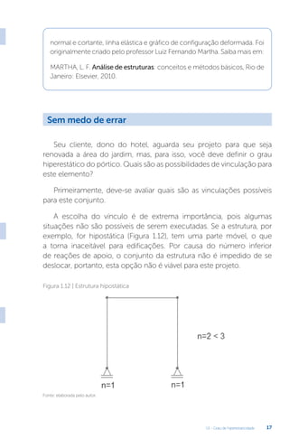 U1 - Grau de hiperestaticidade 17
normal e cortante, linha elástica e gráfico de configuração deformada. Foi
originalmente criado pelo professor Luiz Fernando Martha. Saiba mais em:
MARTHA, L. F. Análise de estruturas: conceitos e métodos básicos, Rio de
Janeiro: Elsevier, 2010.
Seu cliente, dono do hotel, aguarda seu projeto para que seja
renovada a área do jardim, mas, para isso, você deve definir o grau
hiperestático do pórtico. Quais são as possibilidades de vinculação para
este elemento?
Primeiramente, deve-se avaliar quais são as vinculações possíveis
para este conjunto.
A escolha do vínculo é de extrema importância, pois algumas
situações não são possíveis de serem executadas. Se a estrutura, por
exemplo, for hipostática (Figura 1.12), tem uma parte móvel, o que
a torna inaceitável para edificações. Por causa do número inferior
de reações de apoio, o conjunto da estrutura não é impedido de se
deslocar, portanto, esta opção não é viável para este projeto.
Fonte: elaborada pelo autor.
Figura 1.12 | Estrutura hipostática
Sem medo de errar
 