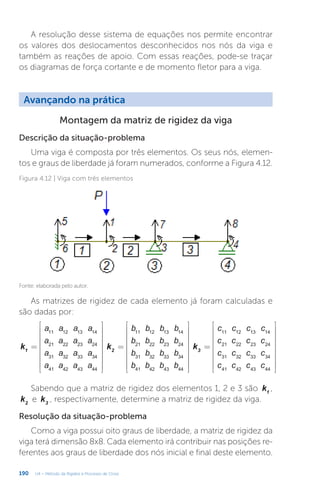 190 U4 – Método da Rigidez e Processo de Cross
Avançando na prática
Montagem da matriz de rigidez da viga
Descrição da situação-problema
Uma viga é composta por três elementos. Os seus nós, elemen-
tos e graus de liberdade já foram numerados, conforme a Figura 4.12.
Figura 4.12 | Viga com três elementos
Fonte: elaborada pelo autor.
As matrizes de rigidez de cada elemento já foram calculadas e
são dadas por:
=


















=


















=


















k k k
a a a a
a a a a
a a a a
a a a a
b b b b
b b b b
b b b b
b b b b
c c c c
c c c c
c c c c
c c c c
1 2 3
11 12 13 14
21 22 23 24
31 32 33 34
41 42 43 44
11 12 13 14
21 22 23 24
31 32 33 34
41 42 43 44
11 12 13 14
21 22 23 24
31 32 33 34
41 42 43 44
Sabendo que a matriz de rigidez dos elementos 1, 2 e 3 são k1
,
k2
e k3
, respectivamente, determine a matriz de rigidez da viga.
Resolução da situação-problema
Como a viga possui oito graus de liberdade, a matriz de rigidez da
viga terá dimensão 8x8. Cada elemento irá contribuir nas posições re-
ferentes aos graus de liberdade dos nós inicial e final deste elemento.
A resolução desse sistema de equações nos permite encontrar
os valores dos deslocamentos desconhecidos nos nós da viga e
também as reações de apoio. Com essas reações, pode-se traçar
os diagramas de força cortante e de momento fletor para a viga.
 